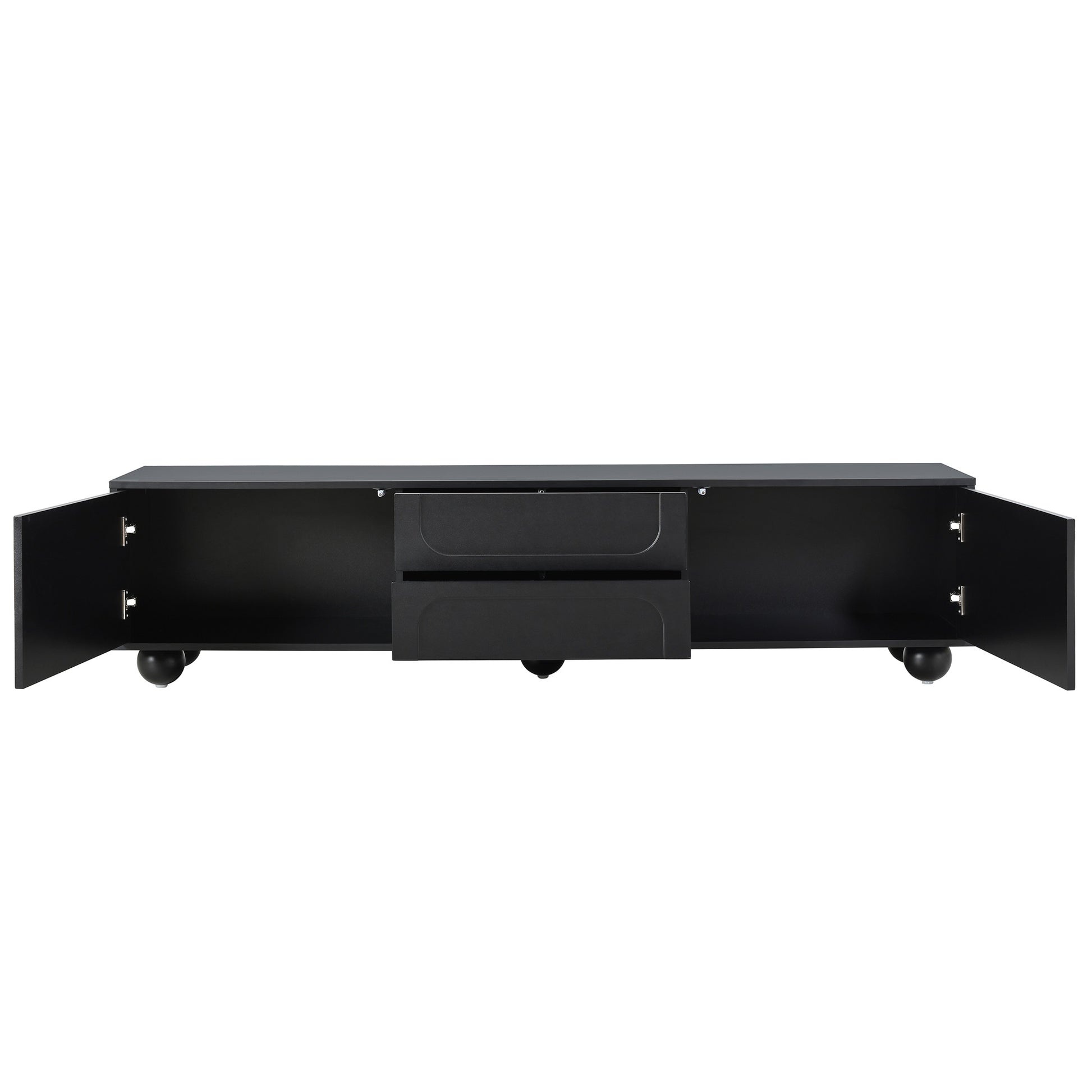 Modern black media console with open doors and two drawers