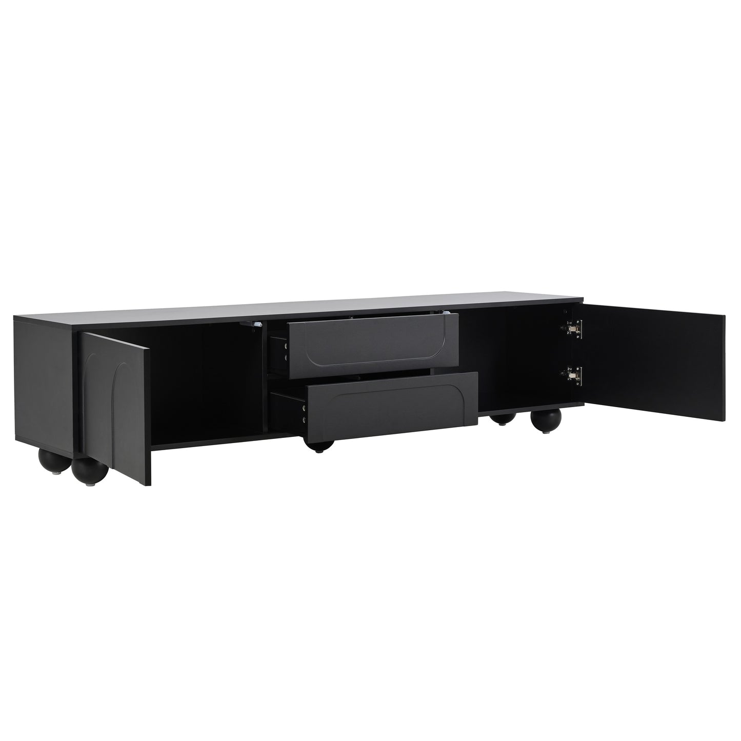 Black media console with two drawers and open side cabinets on spherical legs
