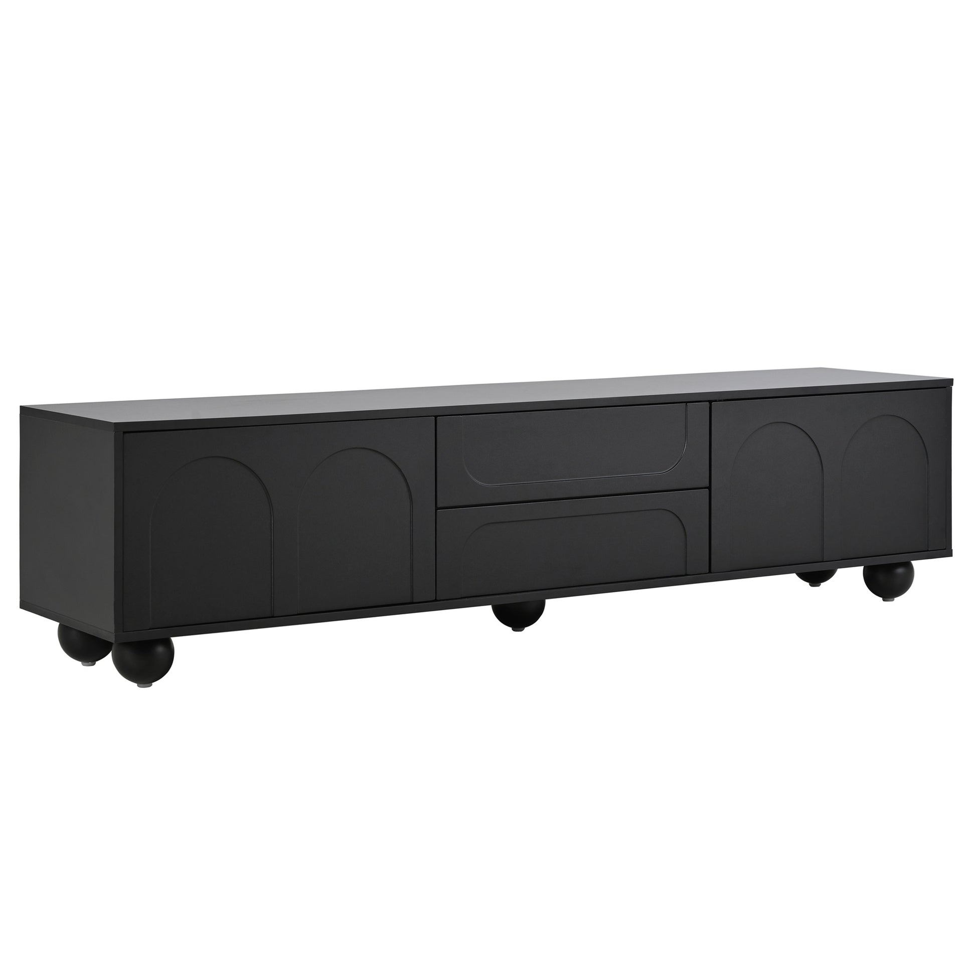 Modern black TV stand with arched door details and spherical feet