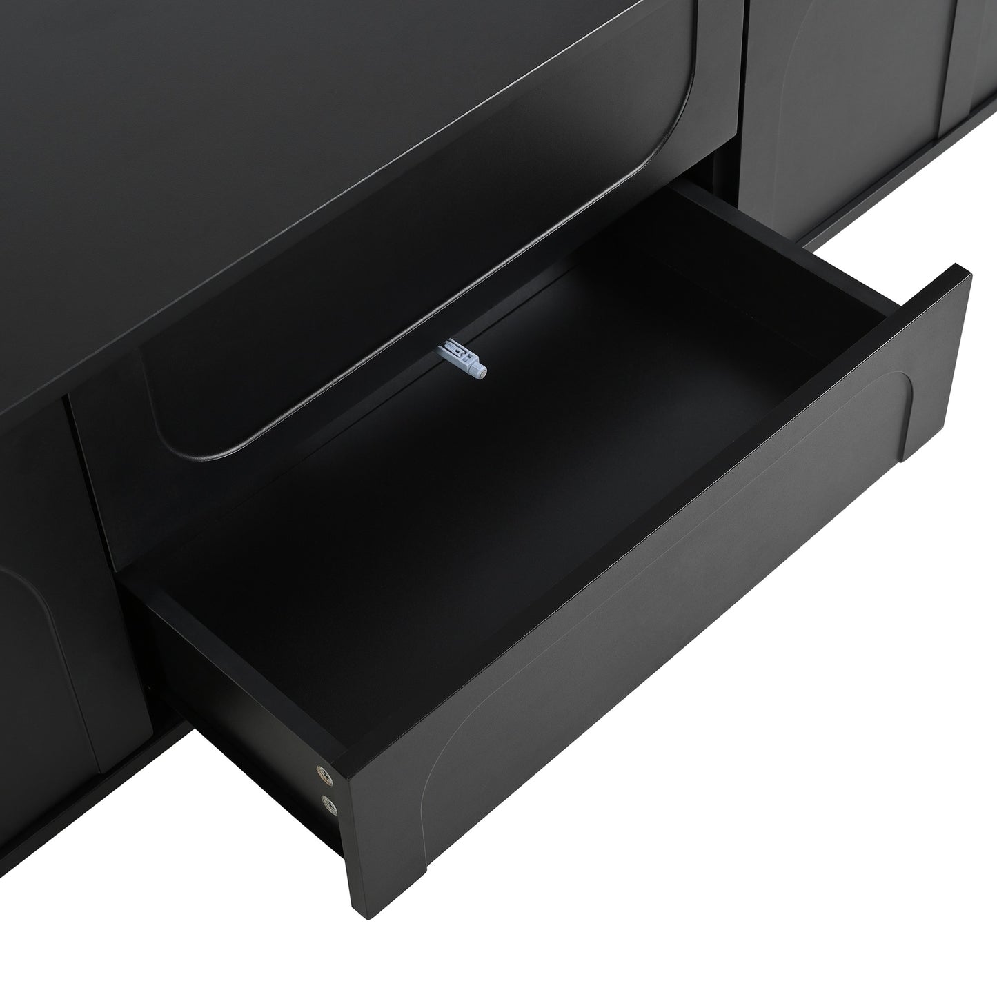 Black matte modern dresser drawer open showing clean interior space