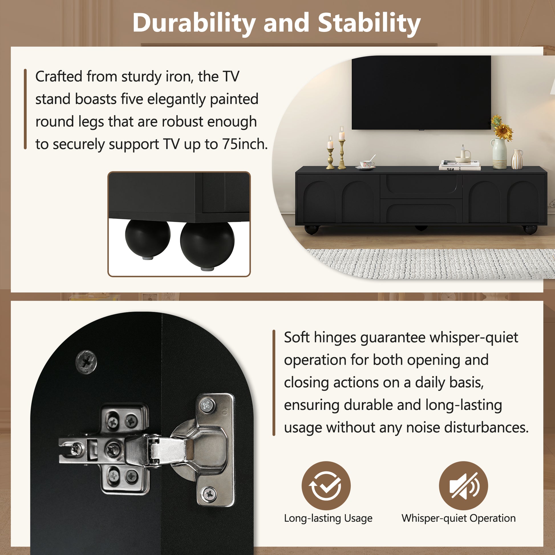 Black TV stand with five sturdy iron legs supporting a inch TV