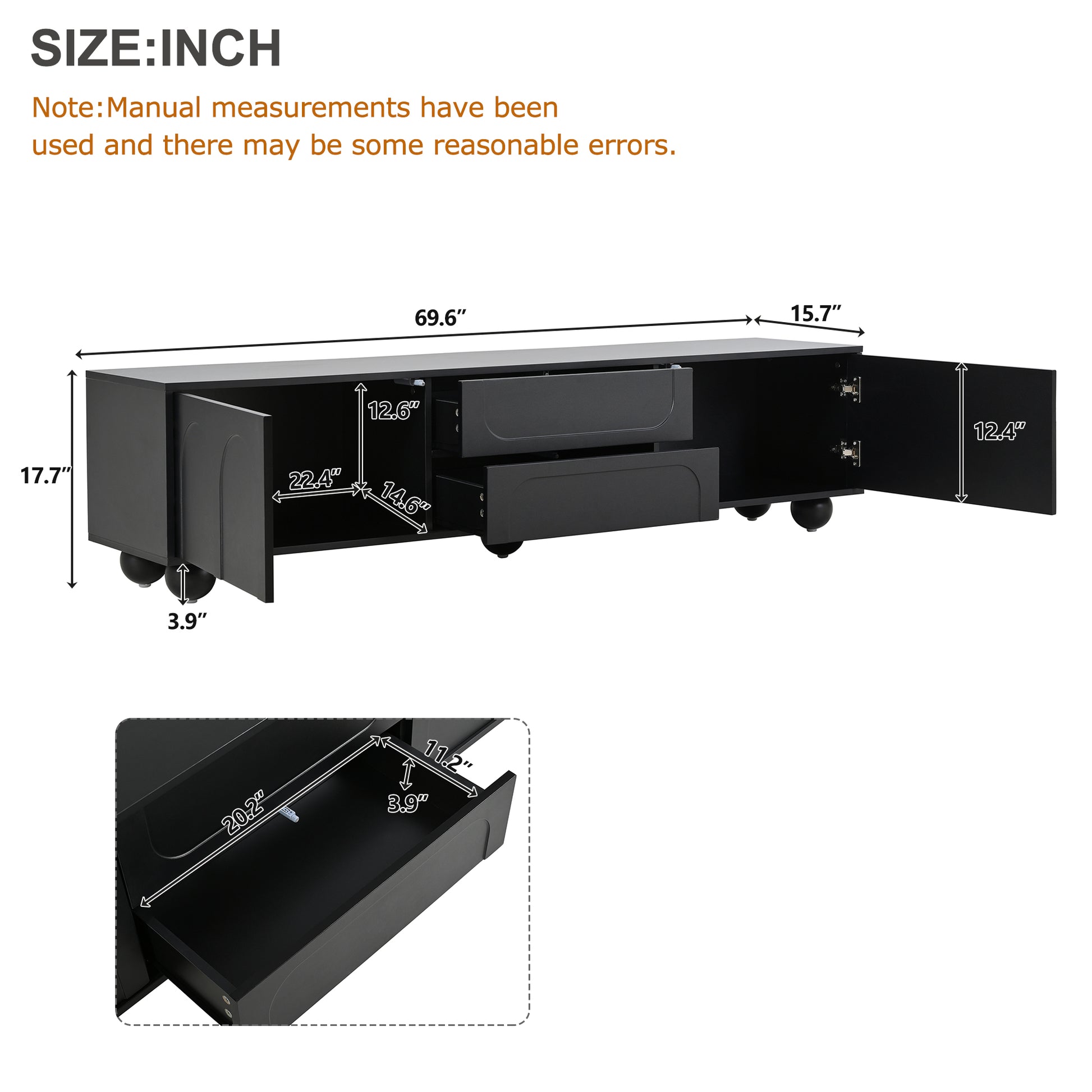 Black modern TV stand with drawers and cabinet doors dimensions  W x  H x  D