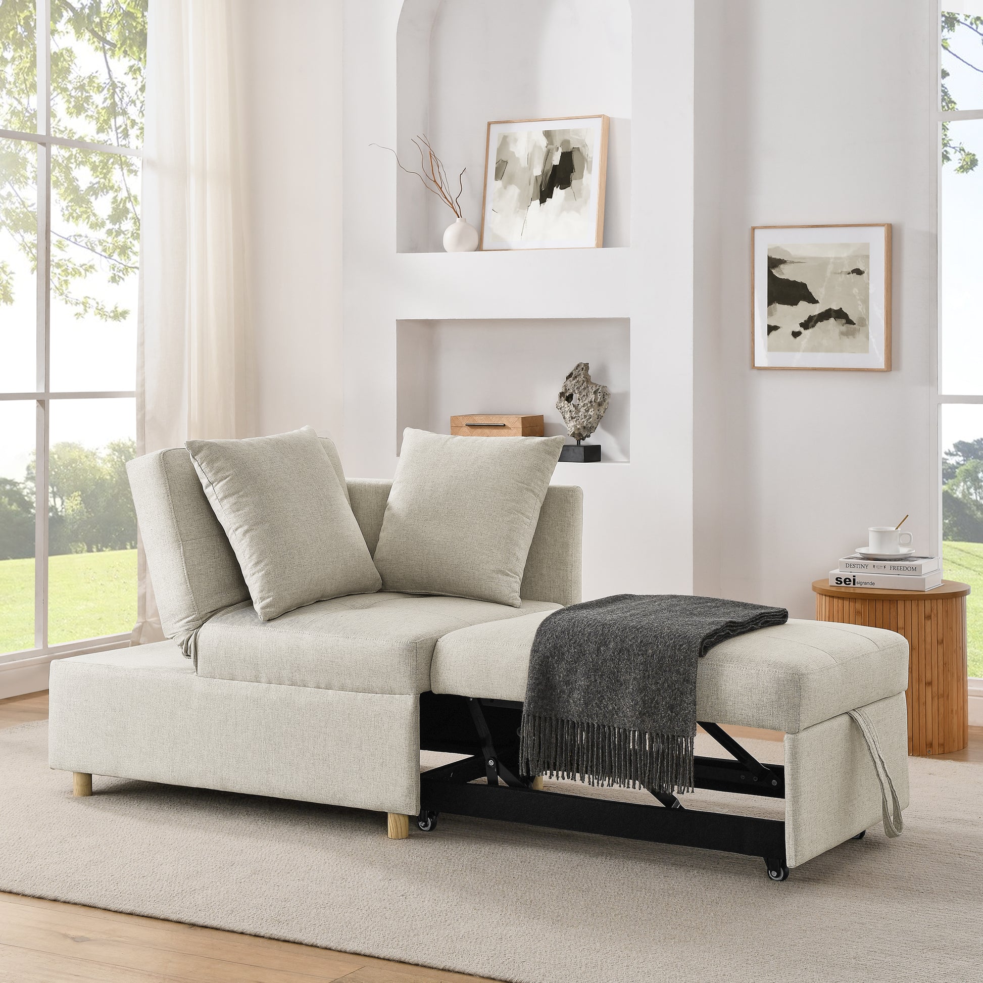 Light beige linen sectional sofa with pullout bed mechanism ideal for small spaces