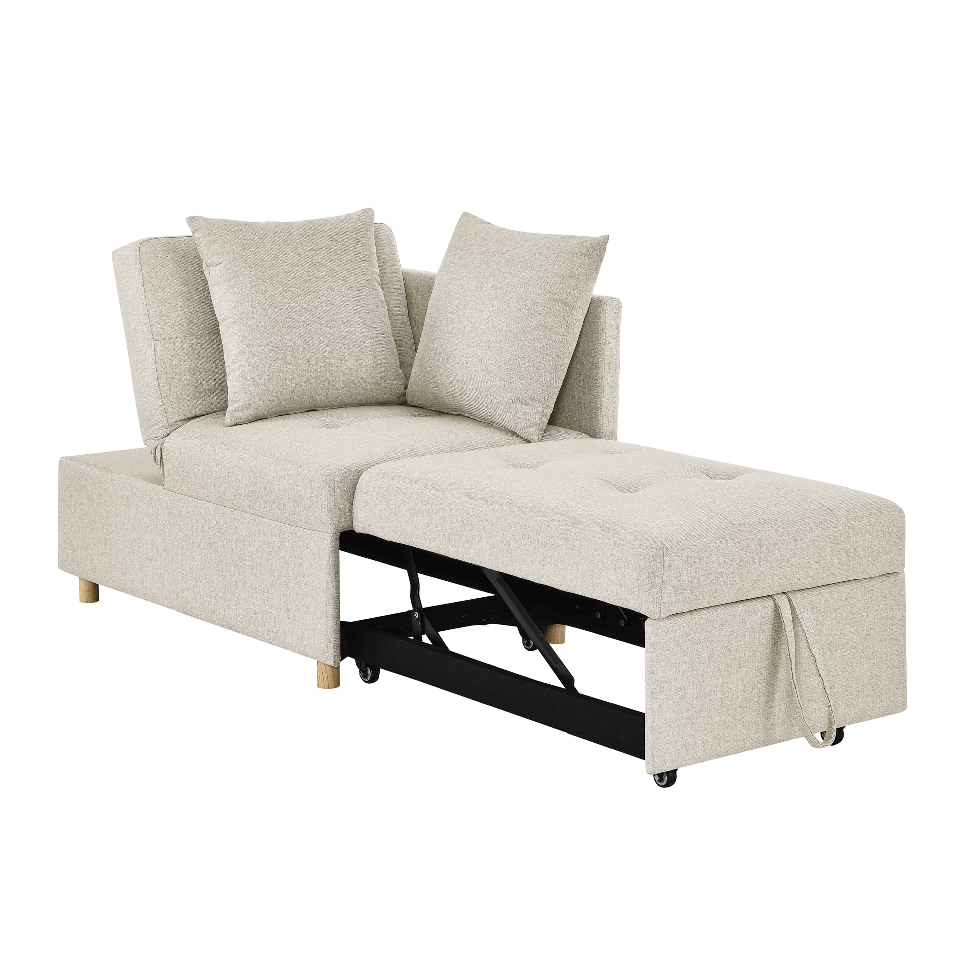 Light beige linen pullout sofa bed with tufted ottoman and storage