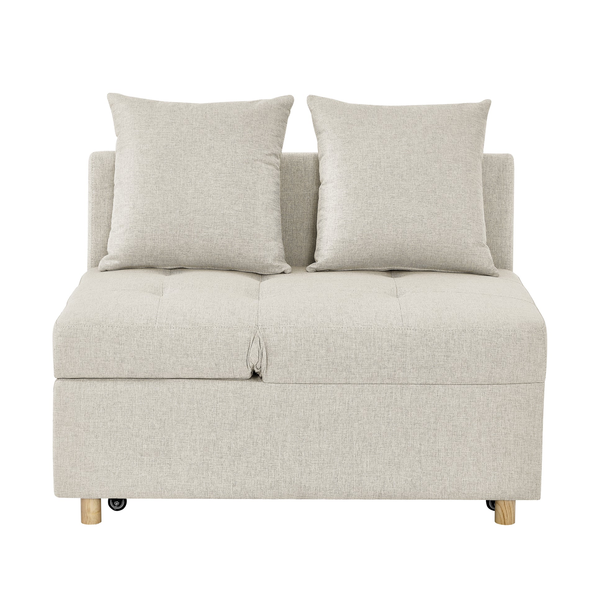 Beige fabric sleeper sofa with two throw pillows and wooden legs
