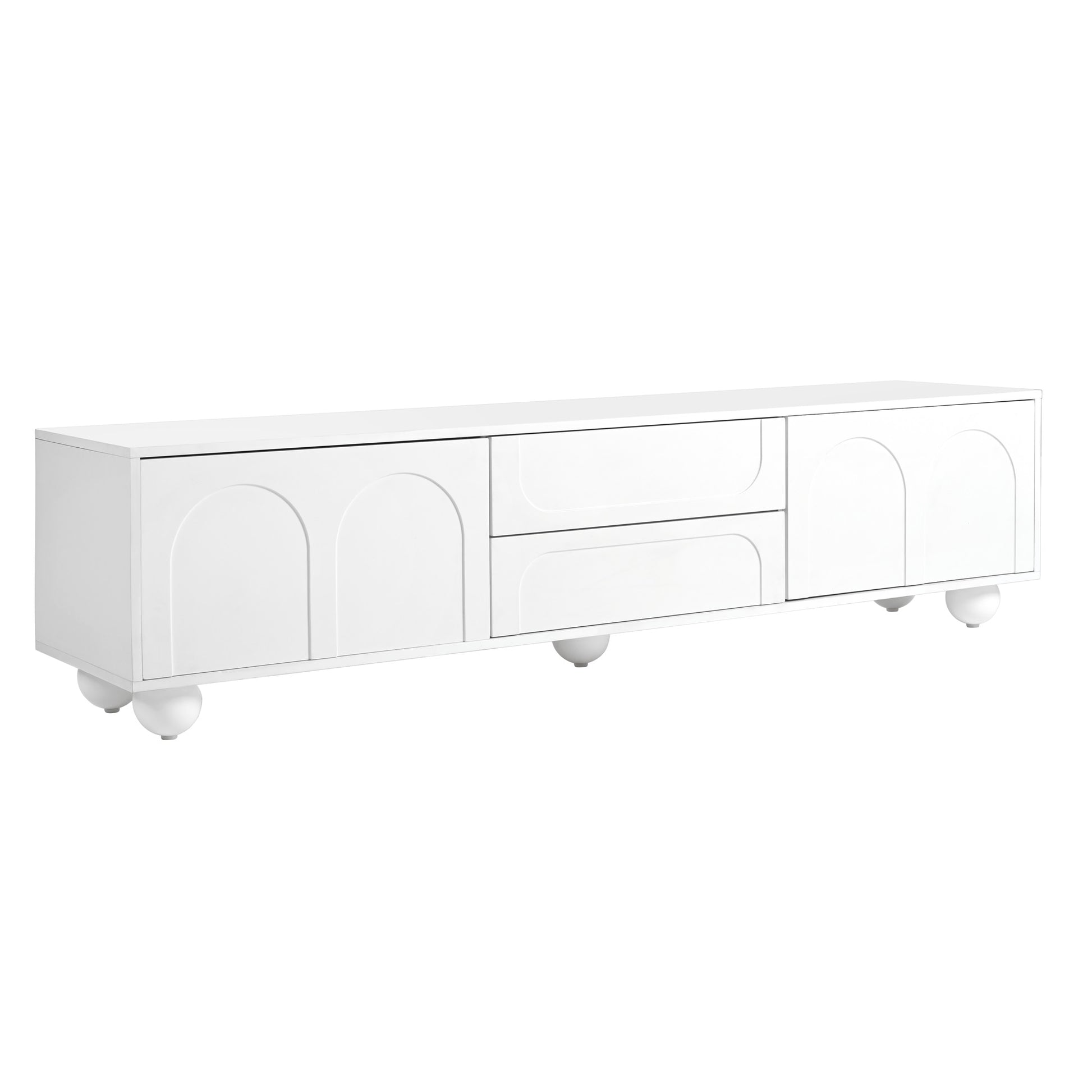 White Scandinavian media console with archpaneled doors and spherical feet
