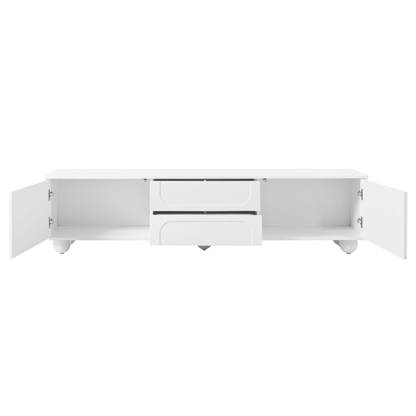 White modern media console with open doors and two drawers