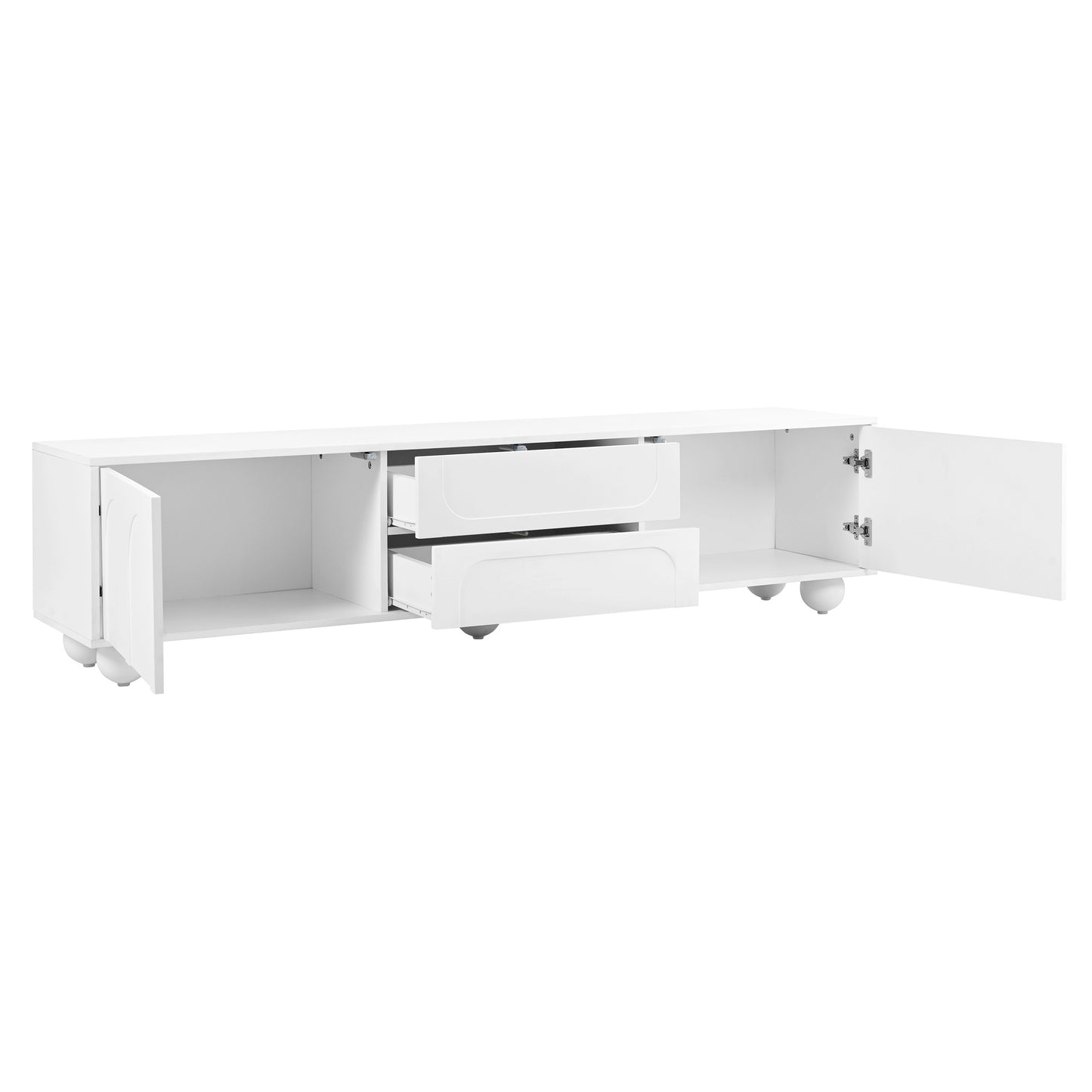 Modern white media console with two drawers and open storage compartments