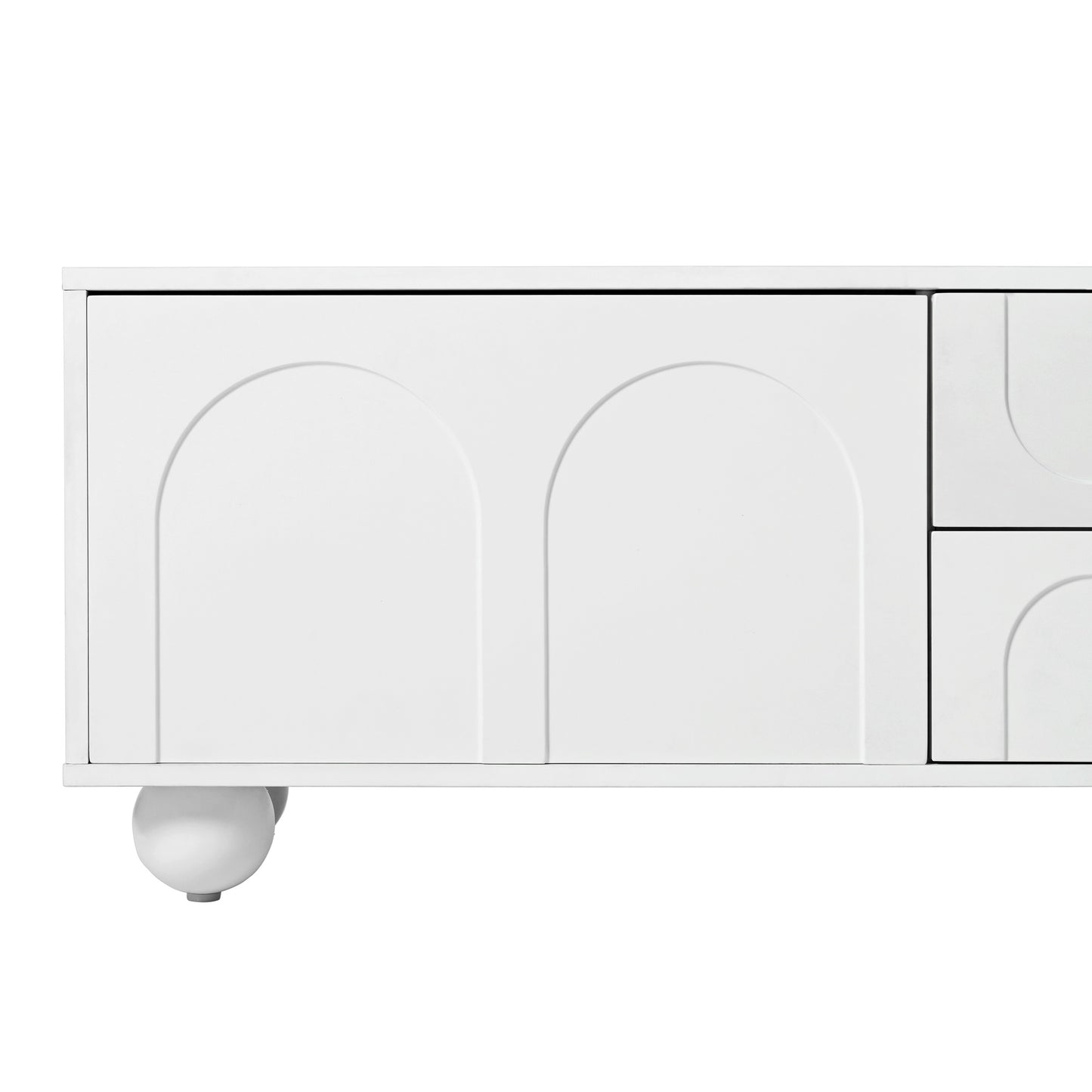 Modern white cabinet with arched door details and a rounded leg accent