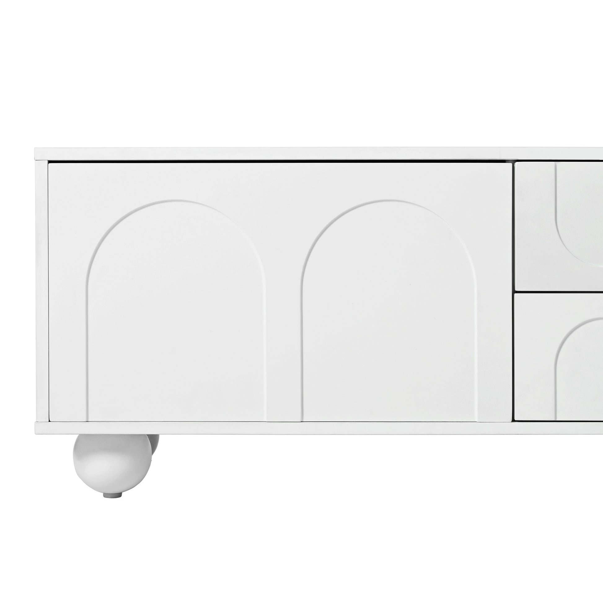 Modern white cabinet with arched door details and a rounded leg accent