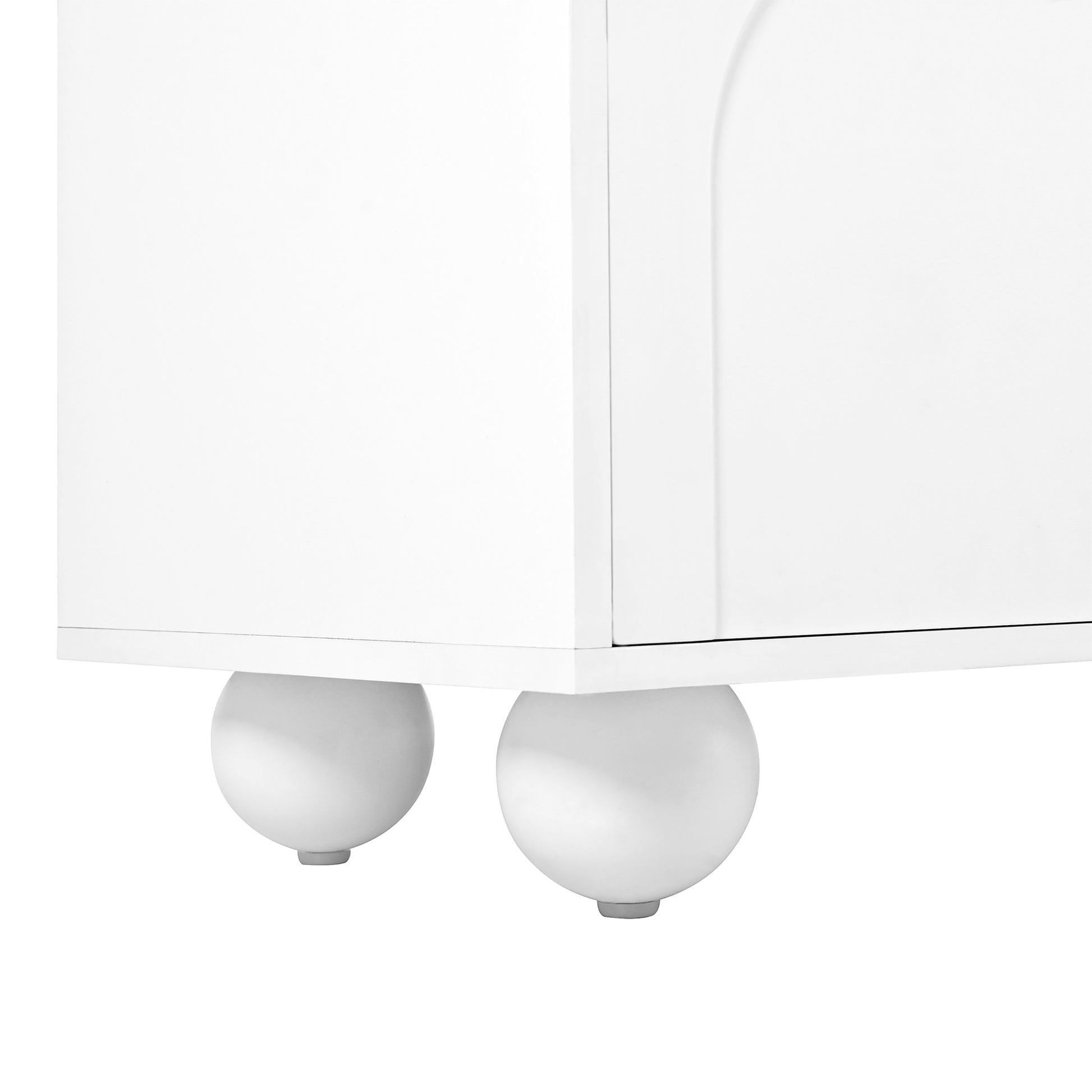 White modern cabinet with rounded ball feet
