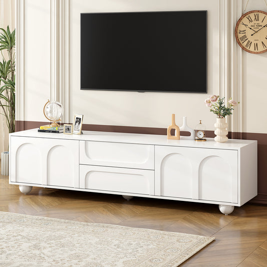 Modern white media console with arched cabinet doors and two drawers perfect for living room storage