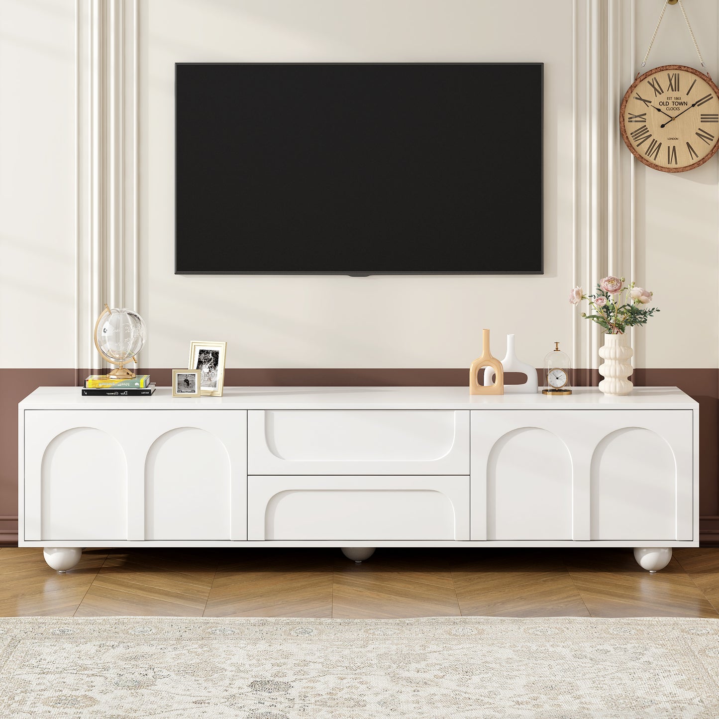 White arched media console with two drawers perfect for modern living rooms