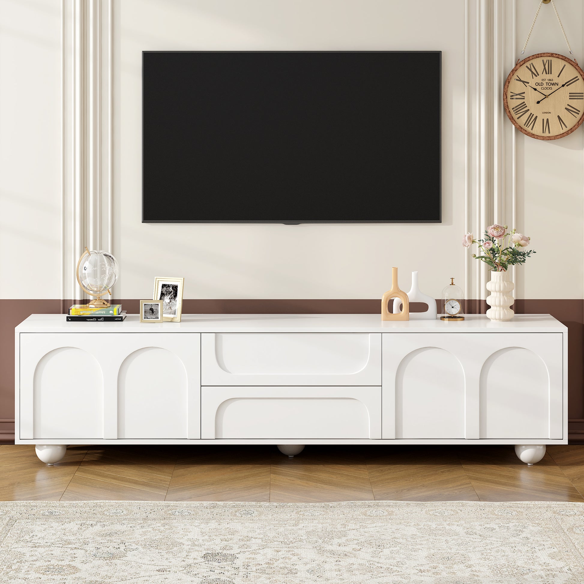 White arched media console with two drawers perfect for modern living rooms
