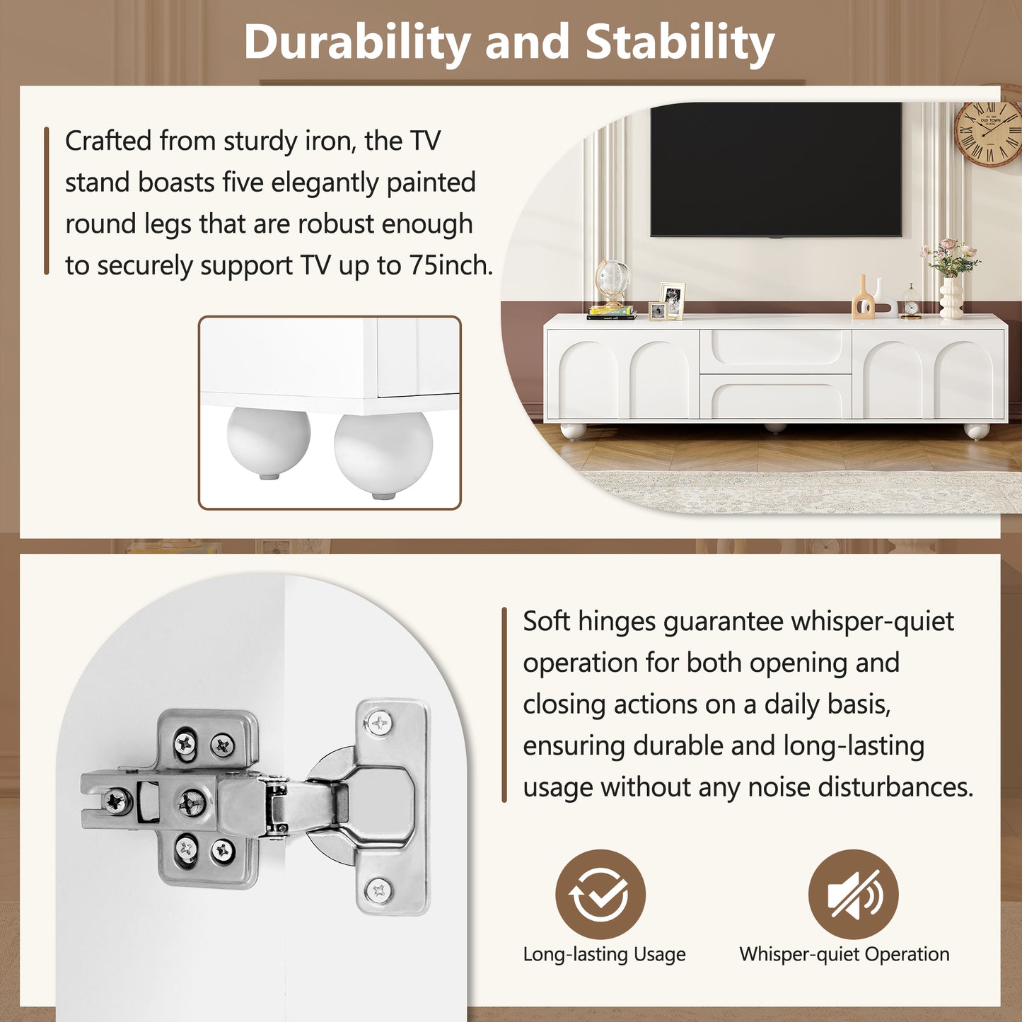 White TV stand with sturdy iron legs supporting up to a inch TV