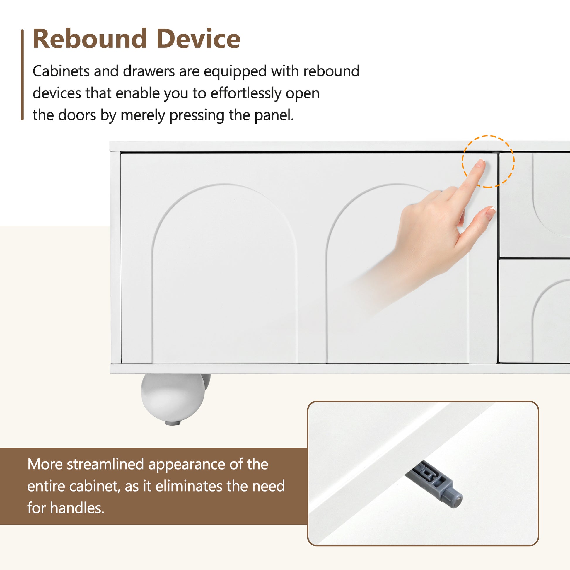 White cabinet door featuring a rebound device for handleless pushtoopen functionality