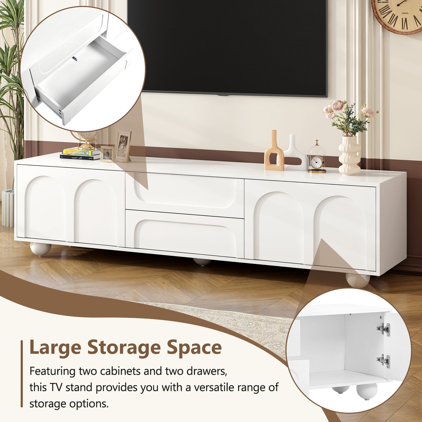 White arched door TV stand with two drawers and round legs