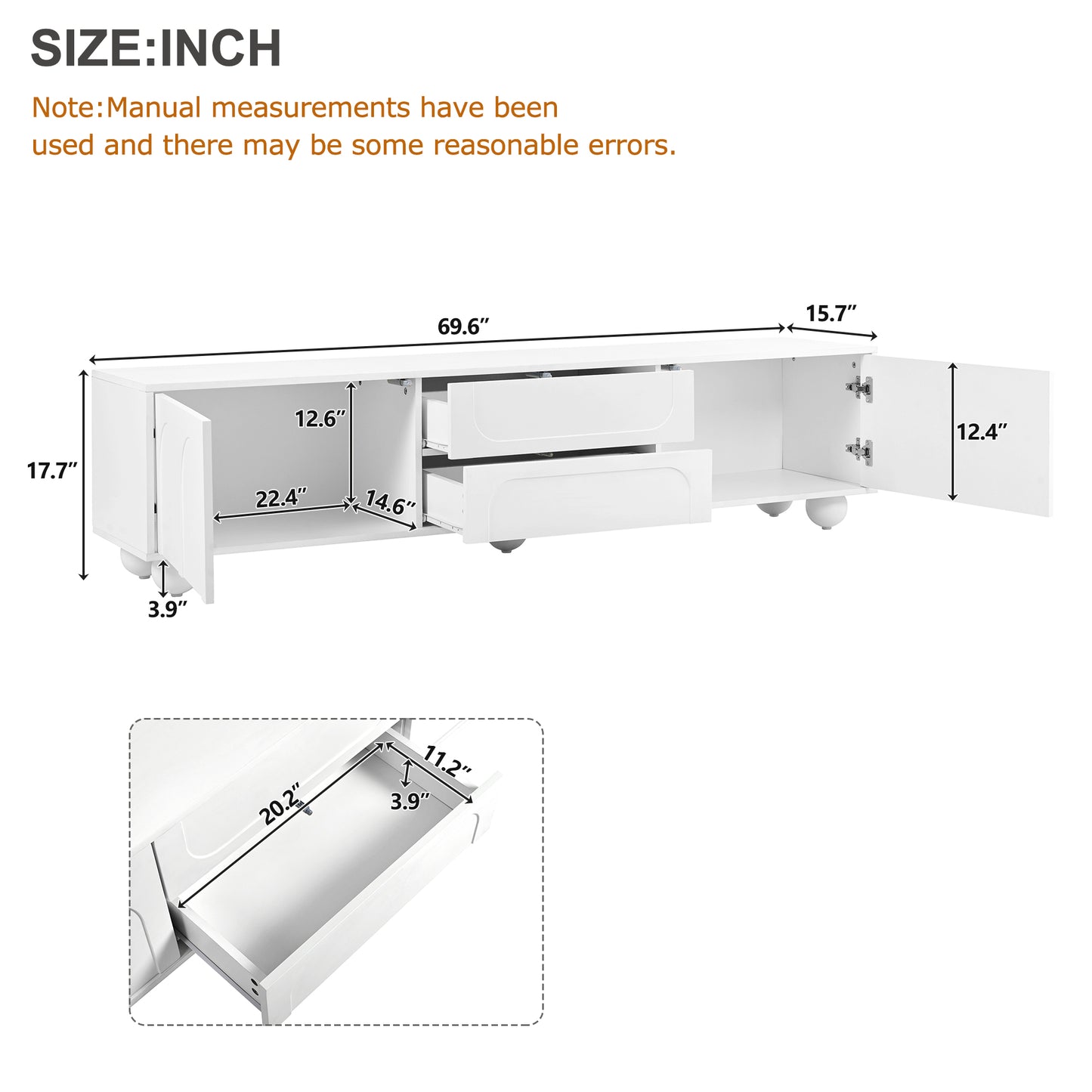 White modern TV stand with open shelves and two drawers  inches wide