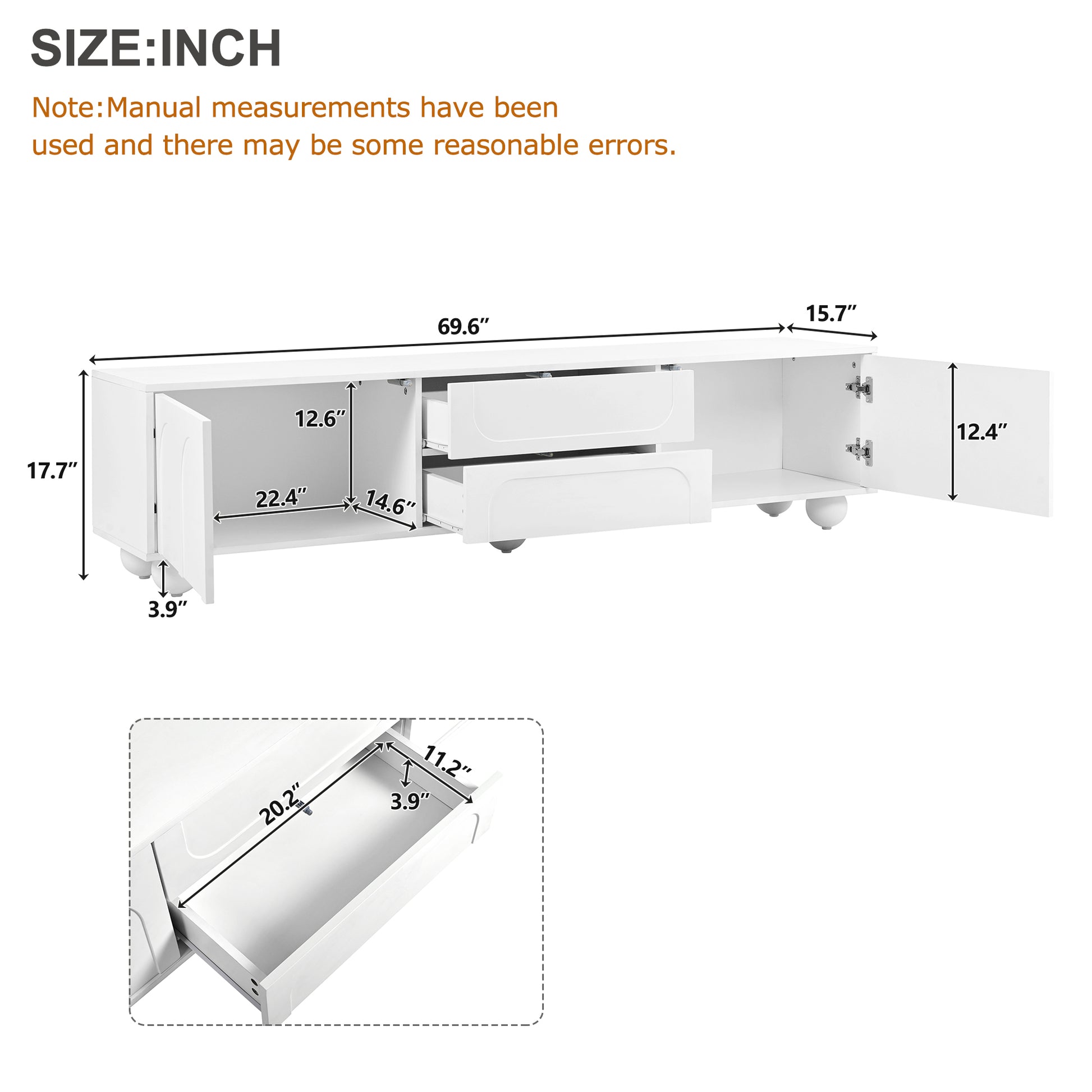 White modern TV stand with open shelves and two drawers  inches wide
