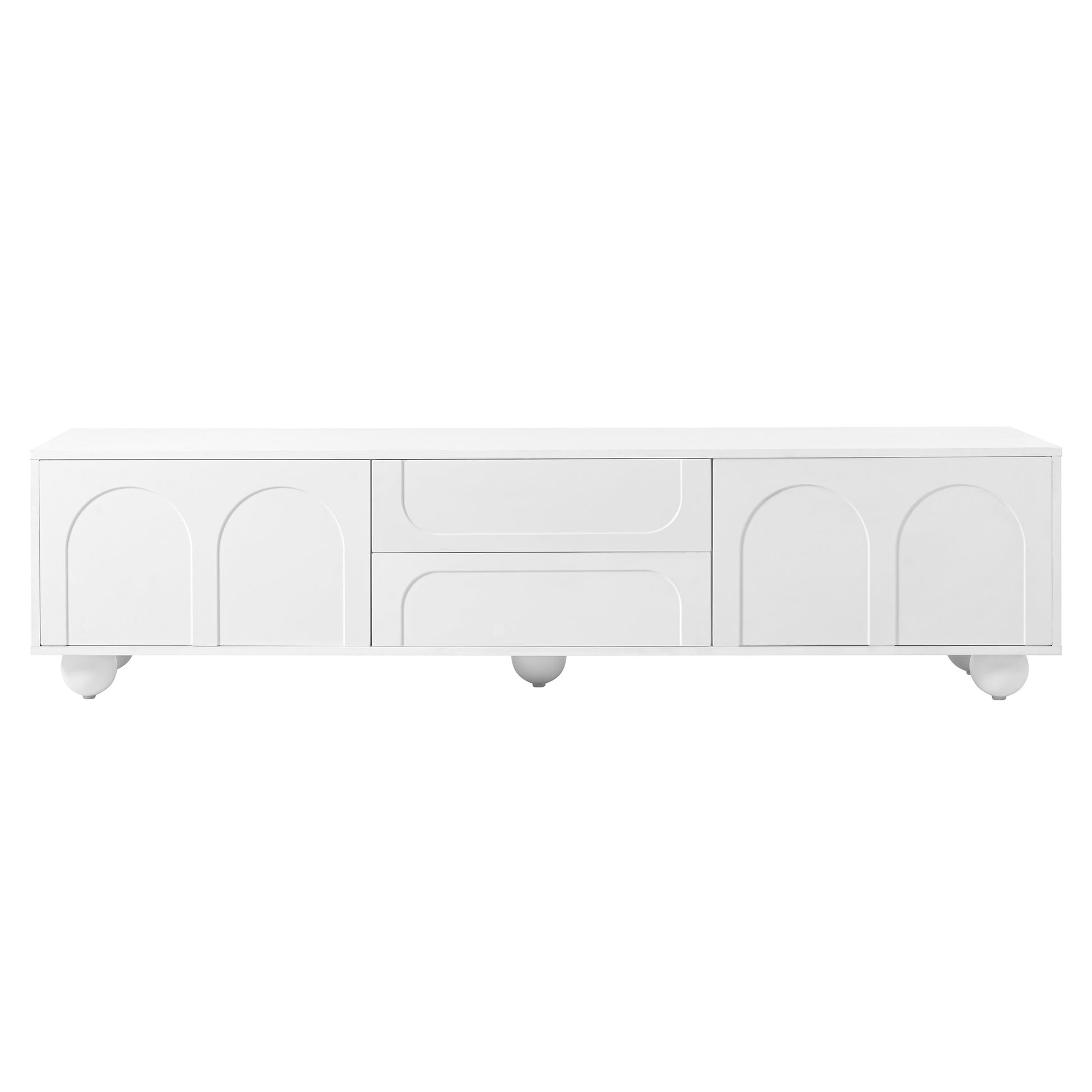 White modern media console with arched door fronts and ball feet