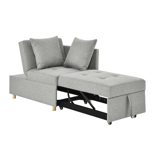 Grey fabric sofa bed with storage ottoman and pullout mechanism
