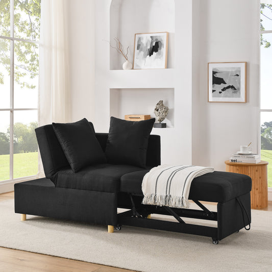 Black fabric convertible sofa bed with chaise and storage