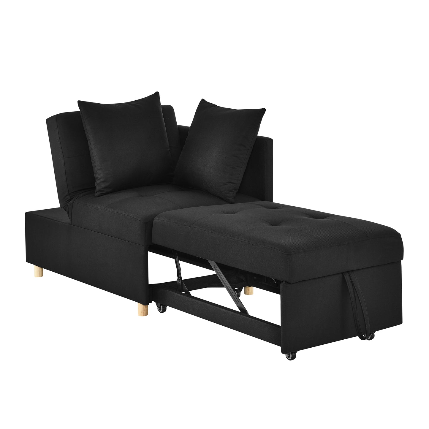 Black upholstered convertible sofa bed with tufted ottoman and two accent pillows