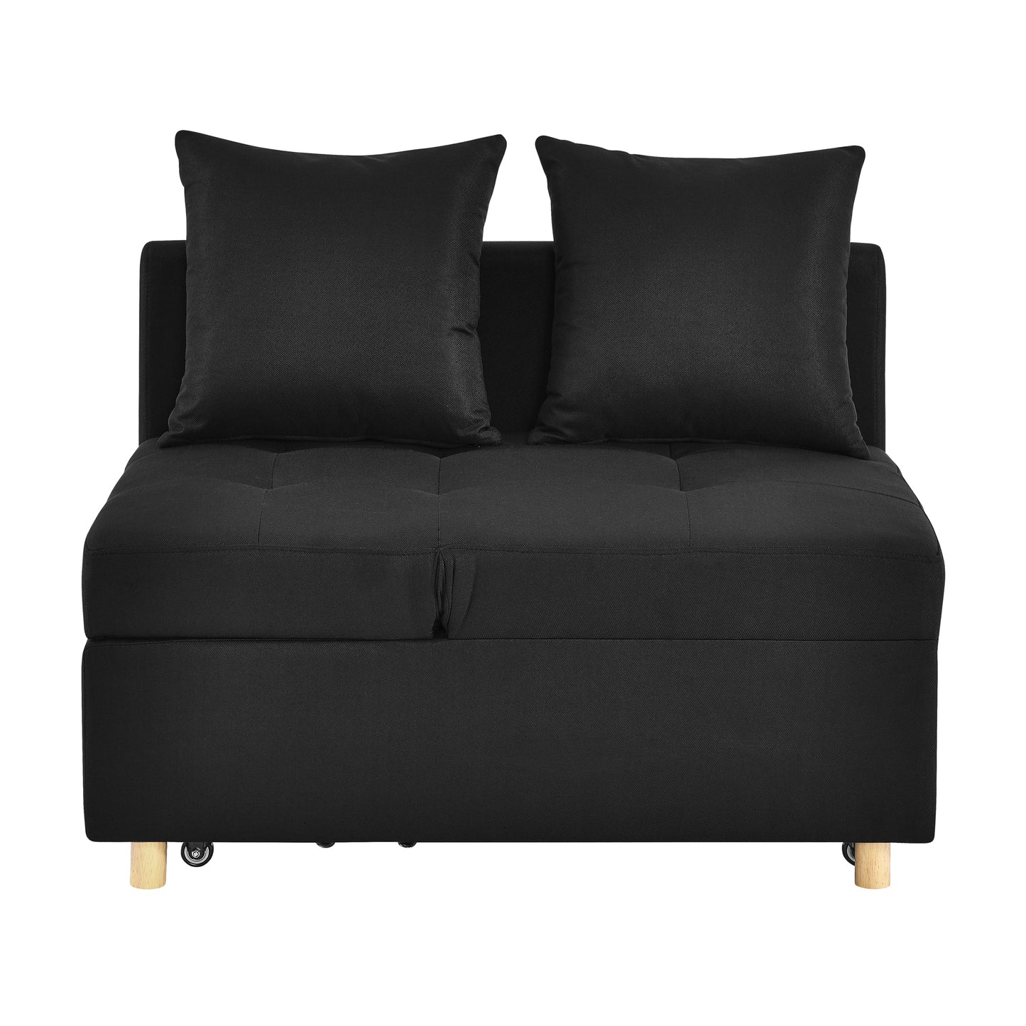 Black sofa bed with button tufted seat and two matching throw pillows