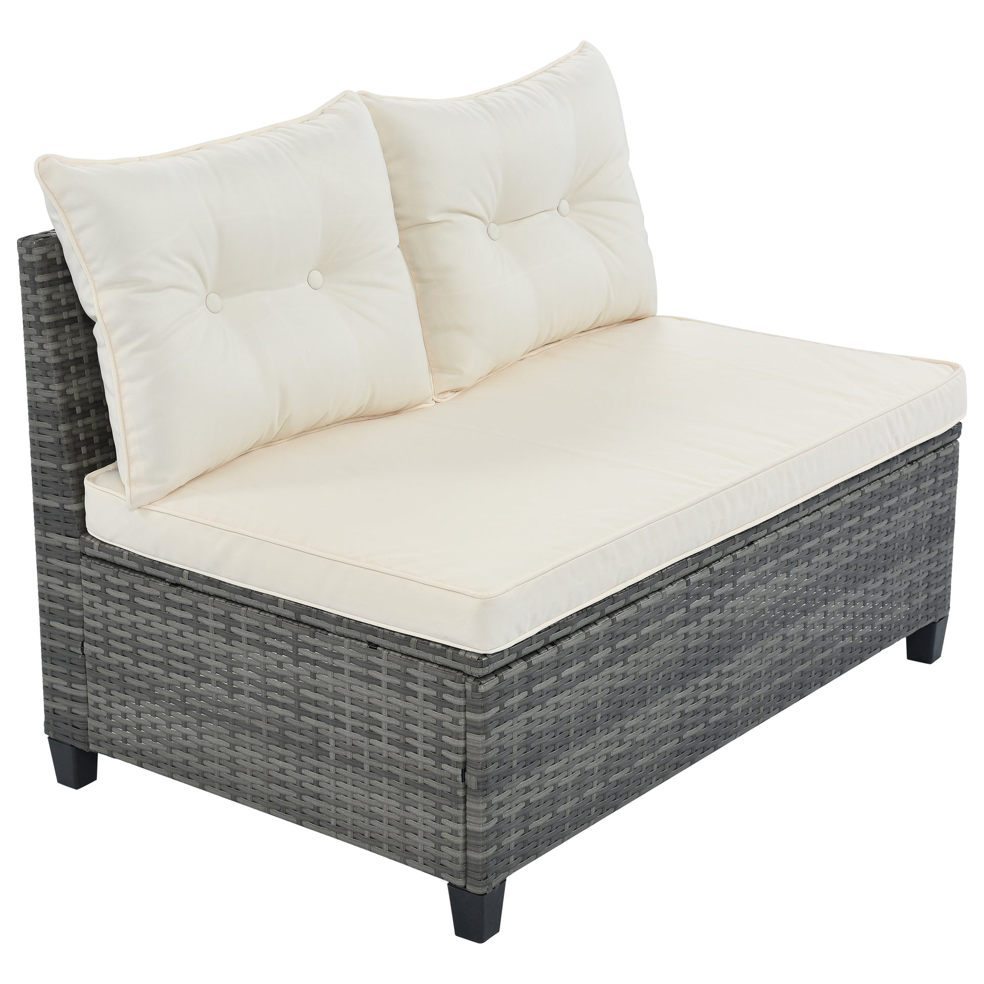 Gray wicker outdoor sectional chair with cream tufted cushions