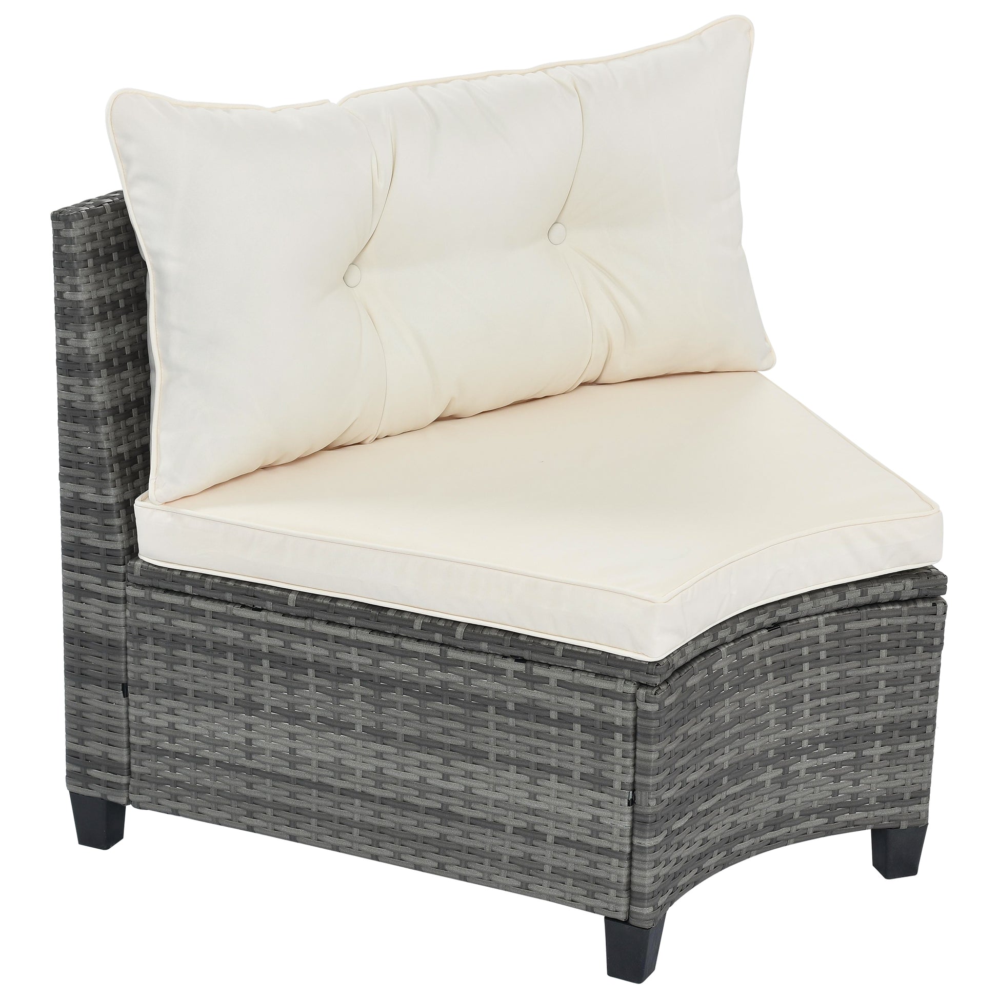 Grey wicker sectional chair with tufted ivory cushions perfect for patio seating