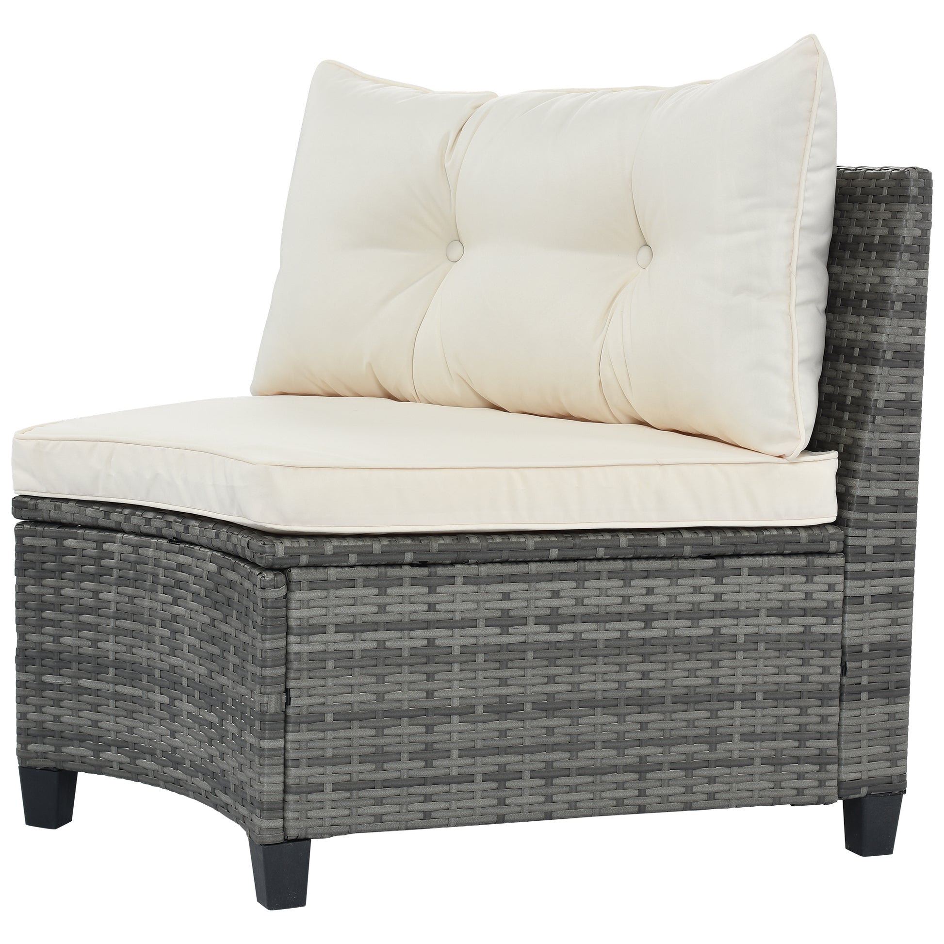 Gray wicker modular chair with tufted cream cushions for outdoor patio seating