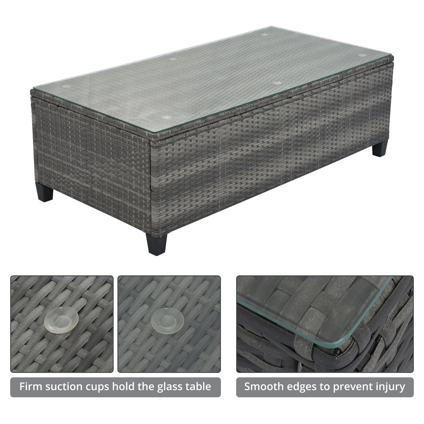 Gray rattan rectangular coffee table with tempered glass top perfect for patio use