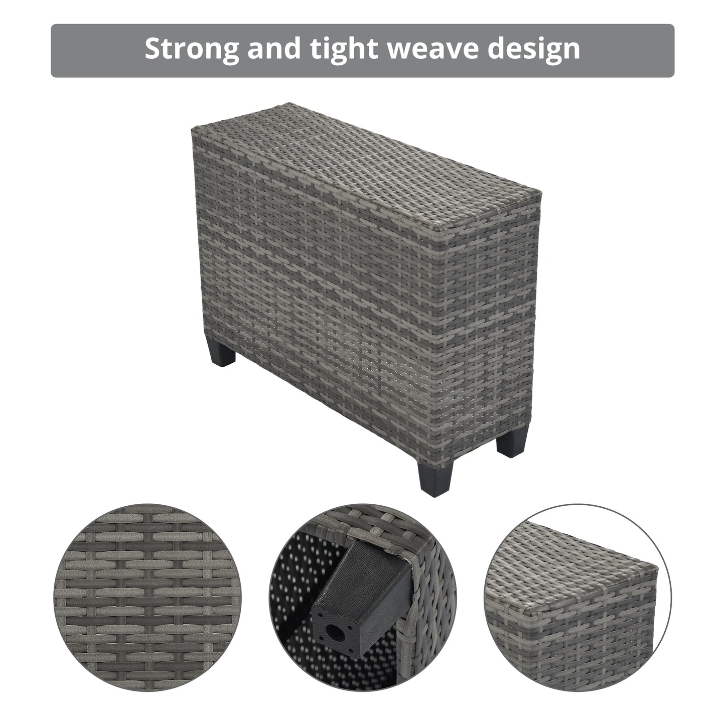 Grey rattan storage bench with tight weave design and sturdy black legs