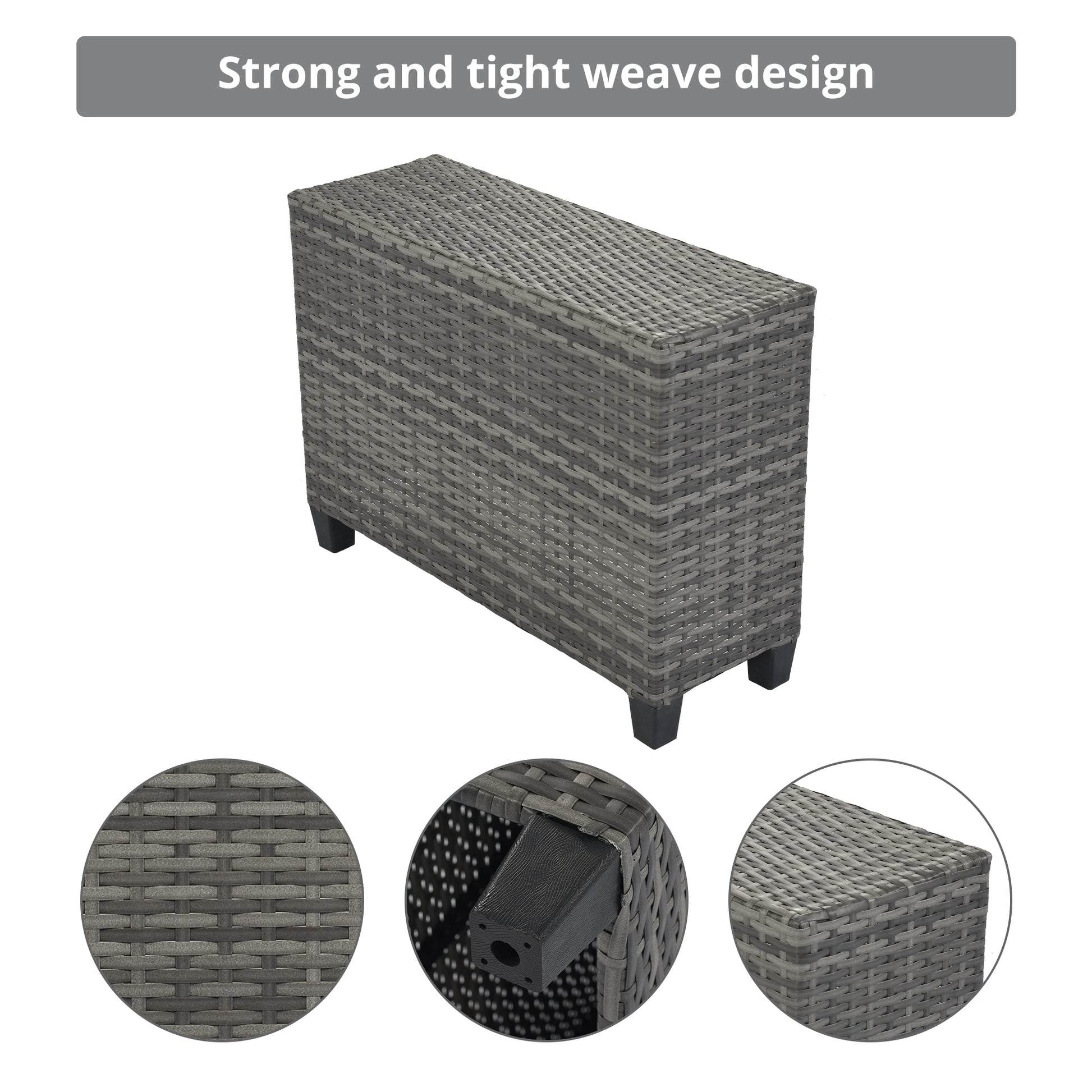 Grey rattan storage bench with tight weave design and sturdy black legs