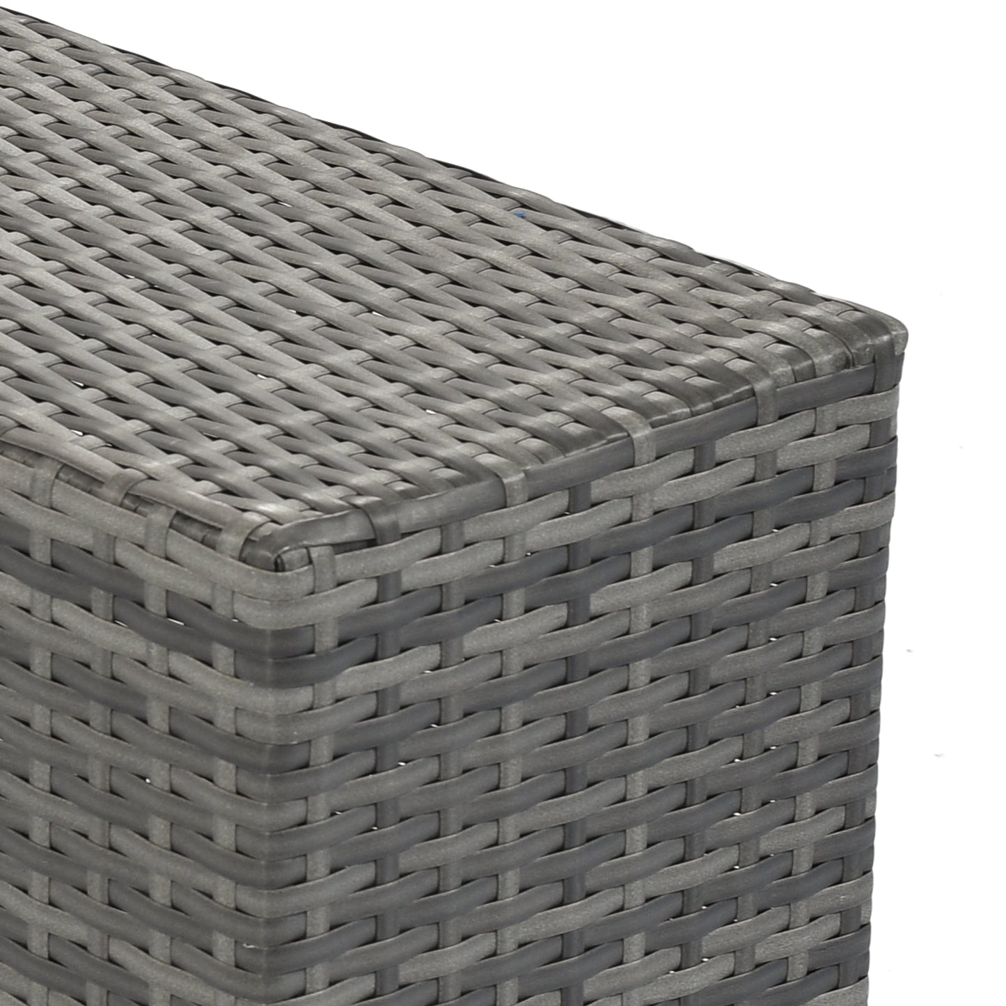 Grey rattan side table corner detail showing woven texture