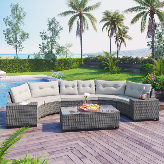 Gray wicker sectional patio furniture with light beige cushions by a pool