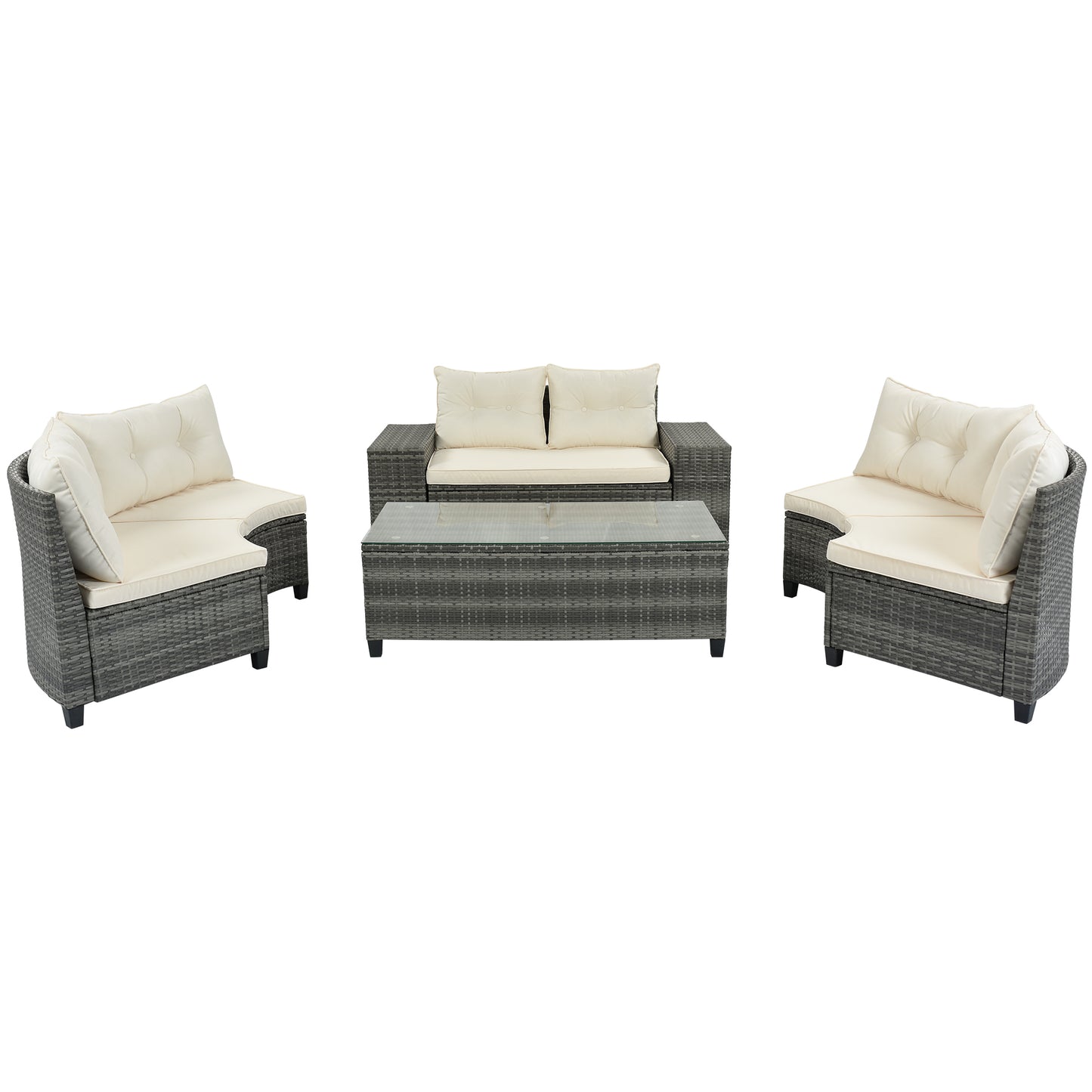Gray wicker sectional sofa set with cream cushions and glass top coffee table