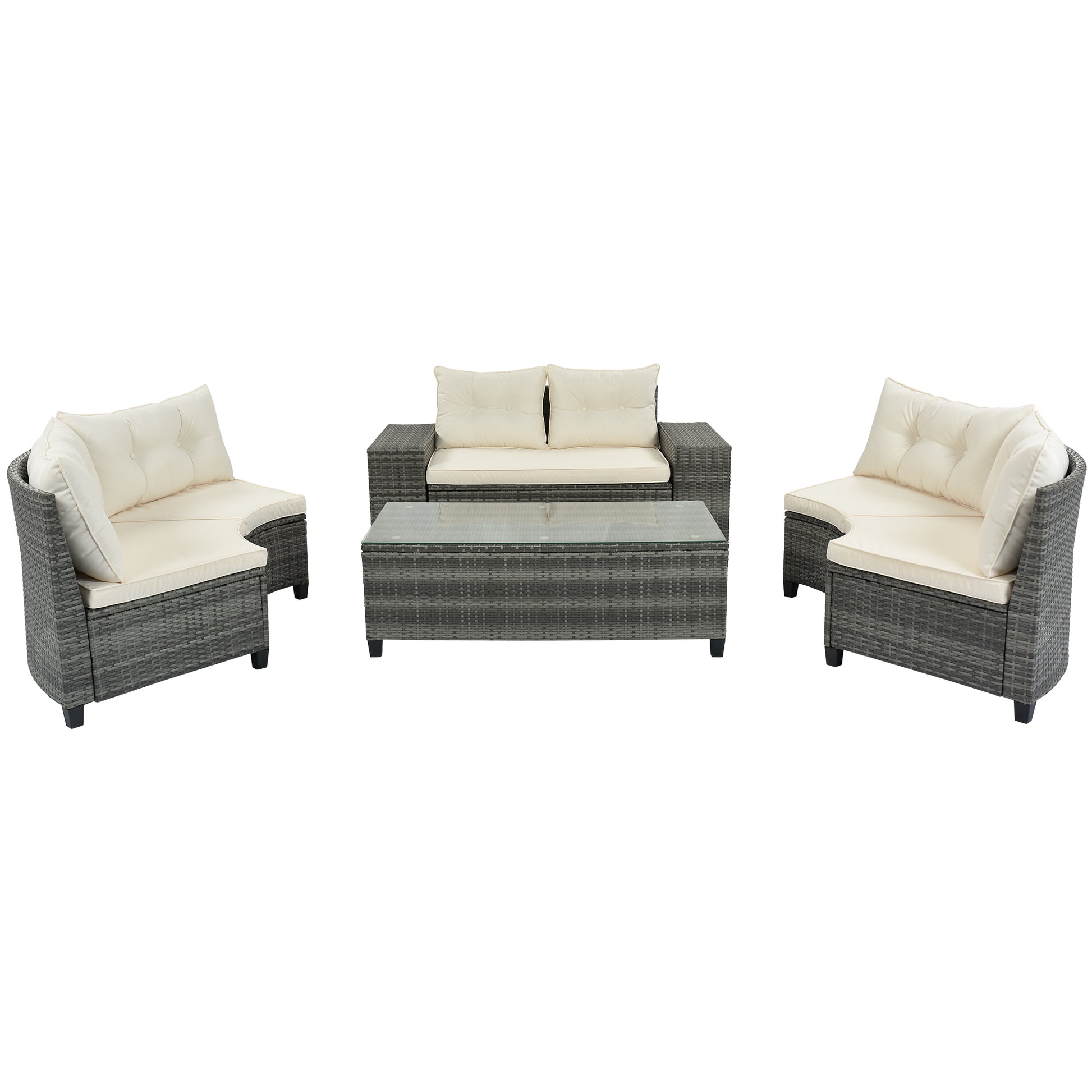 Gray wicker sectional sofa set with cream cushions and glass top coffee table