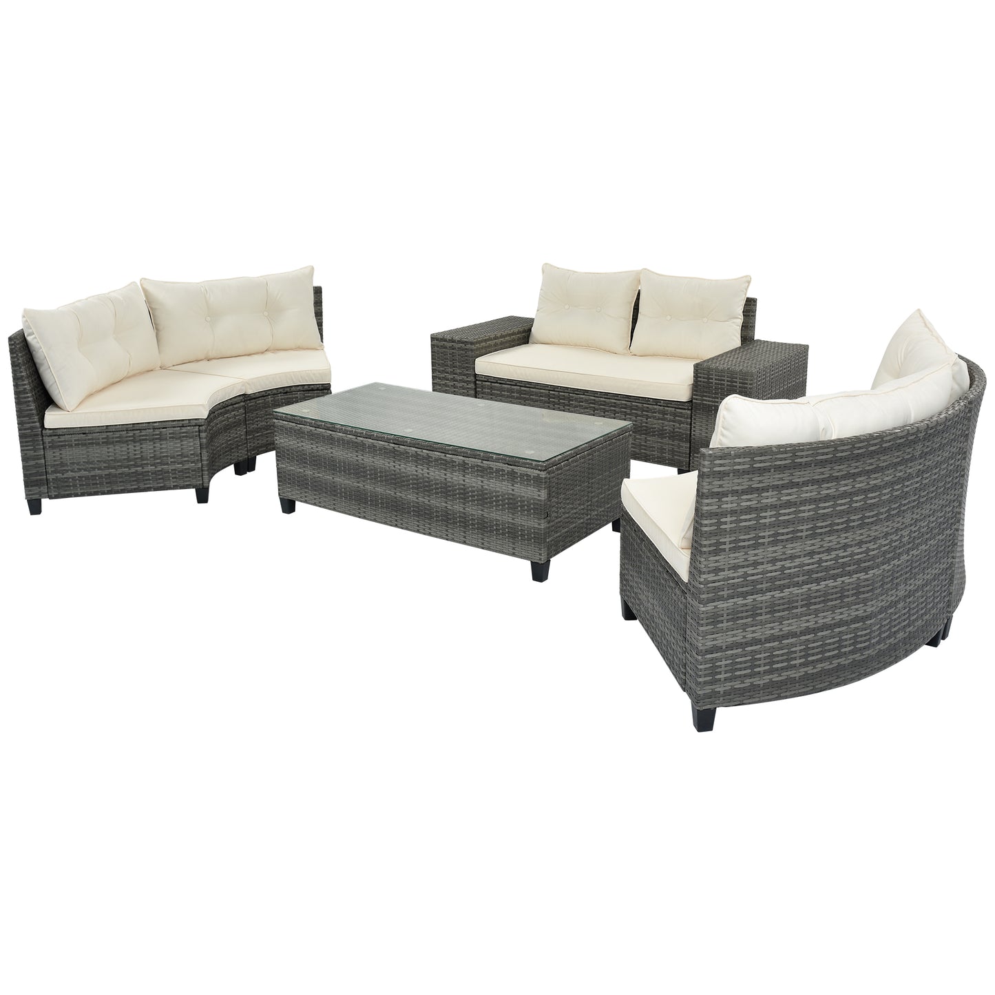 Gray rattan sectional sofa with cream cushions and glass top coffee table for outdoor seating