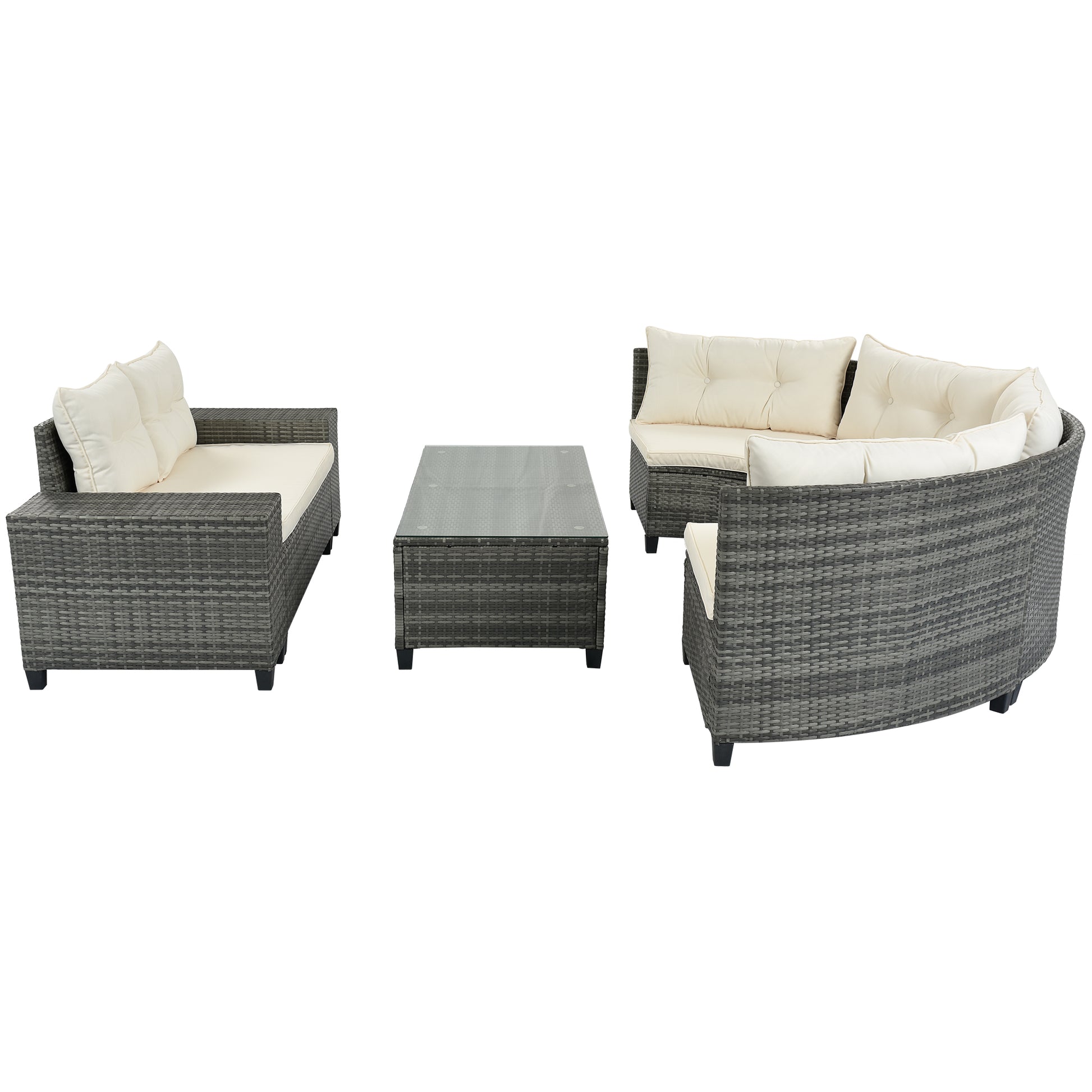 Gray wicker outdoor sectional sofa with cream cushions and glass top coffee table