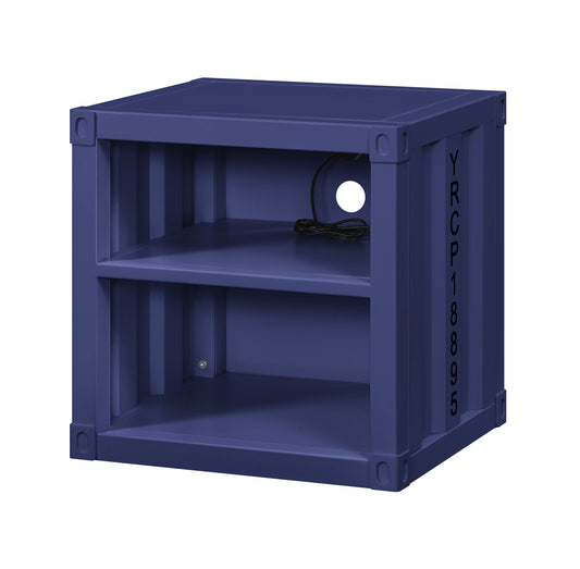 Blue industrialstyle storage cabinet with two shelves and cord management