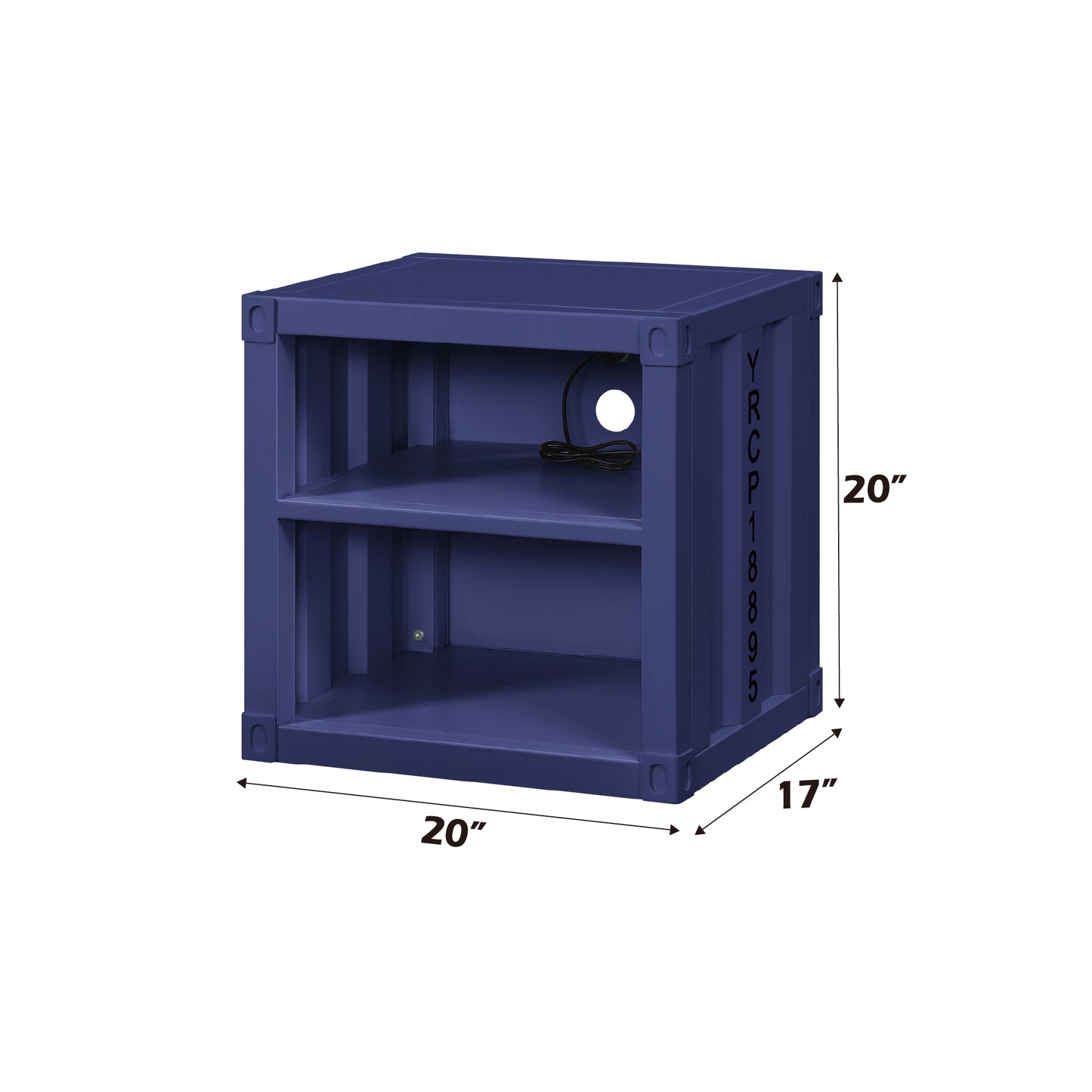 Blue shipping container nightstand with two shelves and cable management