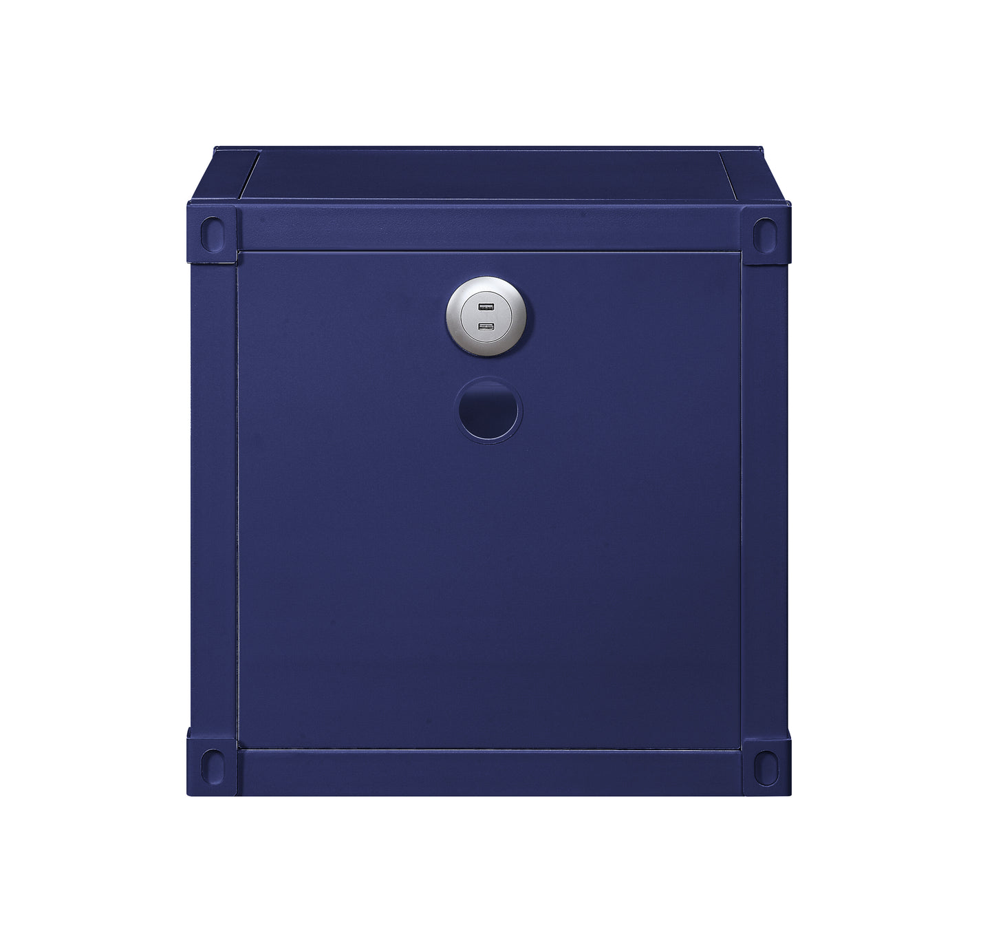 Navy blue metal charging nightstand with dual USB ports and circular cutout