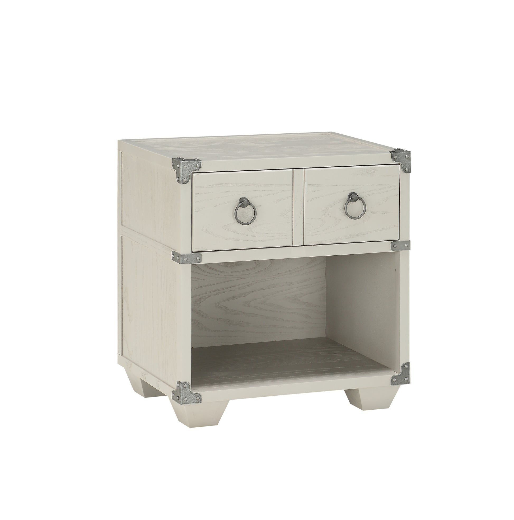 White wooden nightstand with two drawers and metal ring pulls