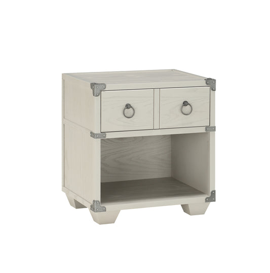 White wooden nightstand with two drawers and metal ring pulls