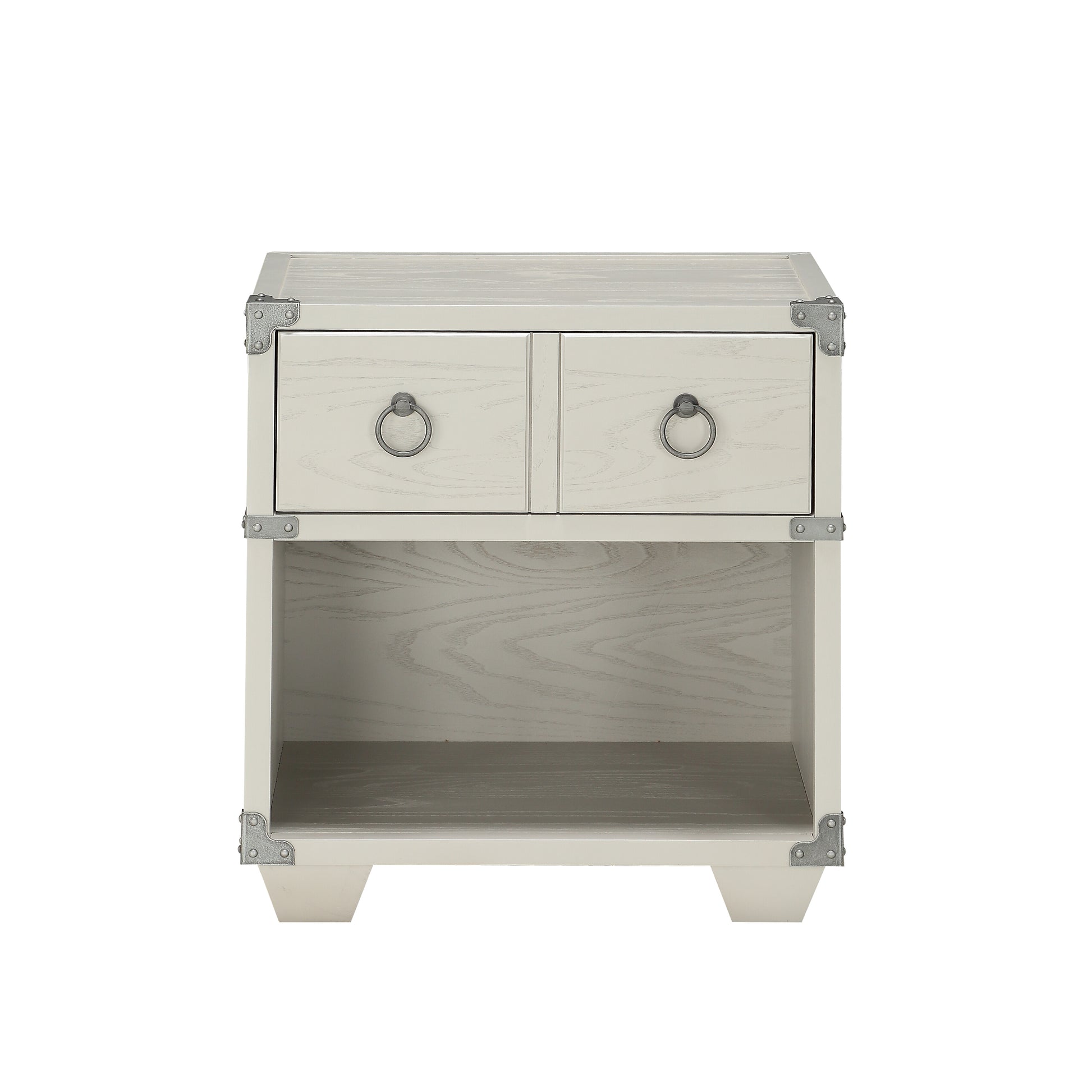 Light grey wooden accent table with two ringpull drawers and an open shelf