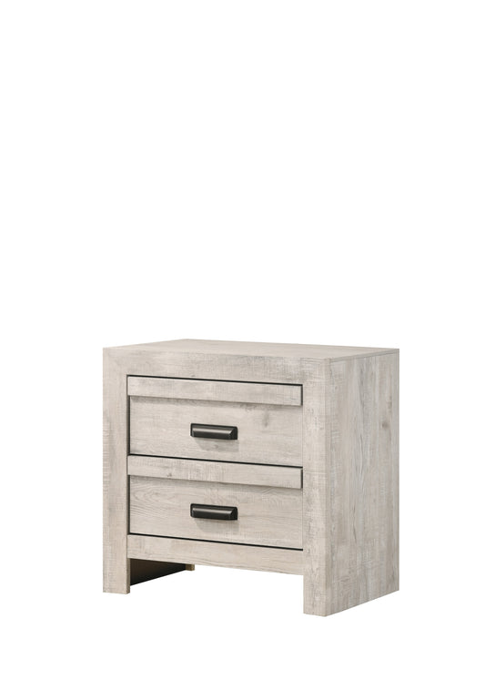 Whitewashed wood drawer nightstand with black pull handles