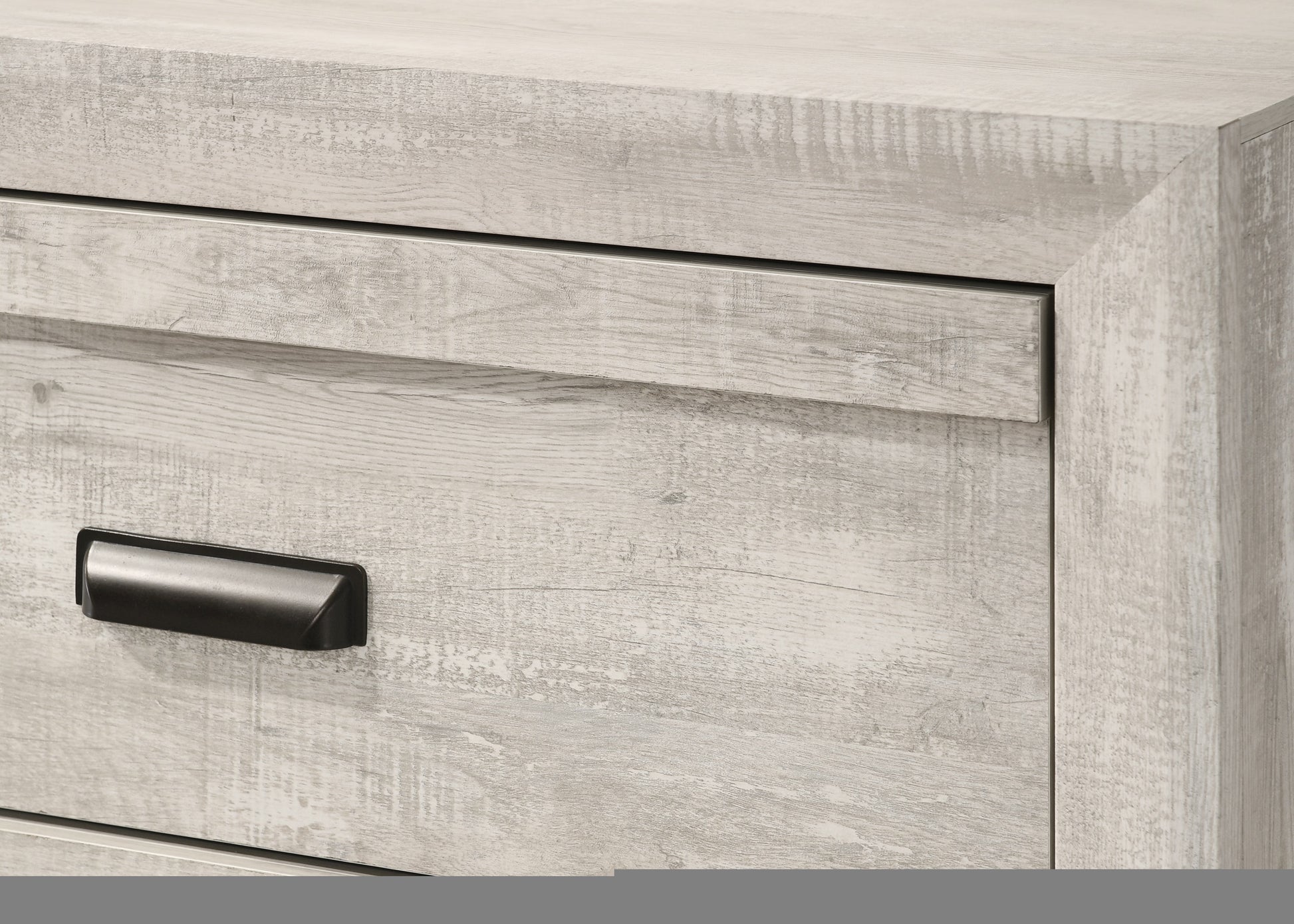 Distressed wood bedside table with black drawer pull ideal for modern bedrooms