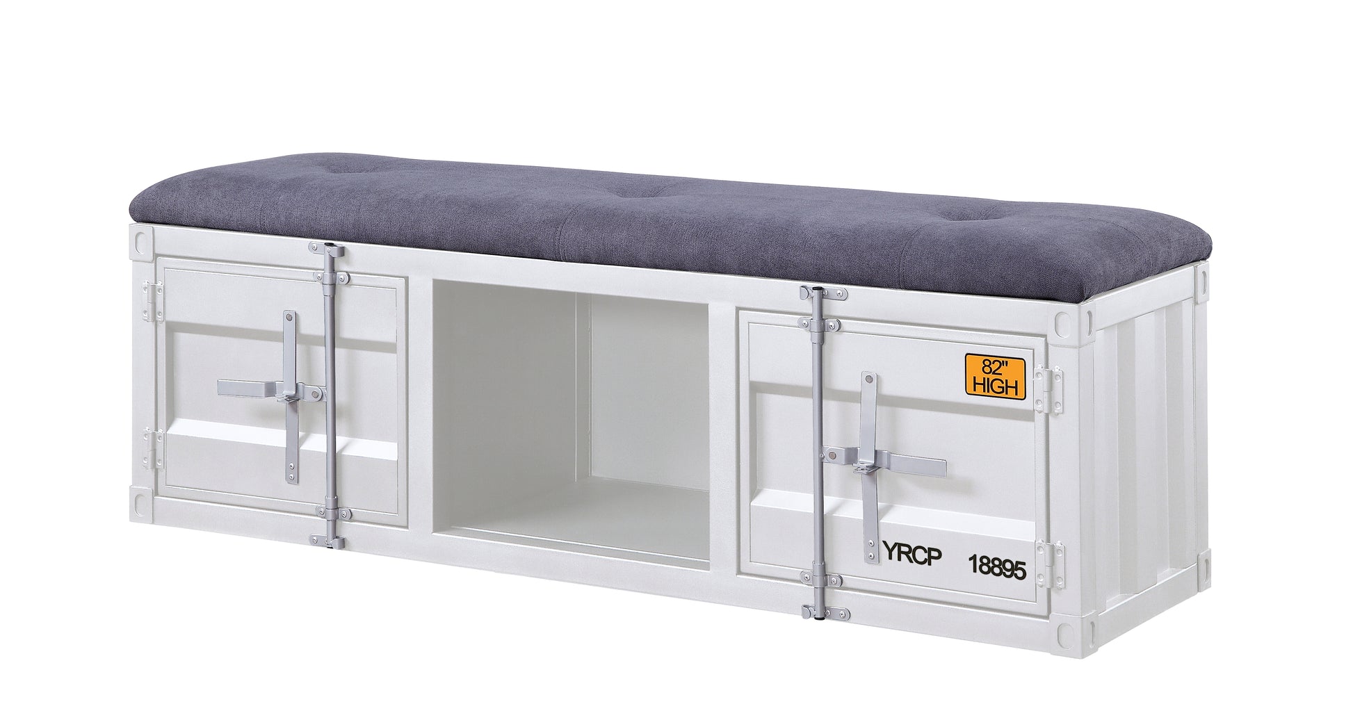 White industrial storage bench with tufted gray upholstered seat and metal latch doors