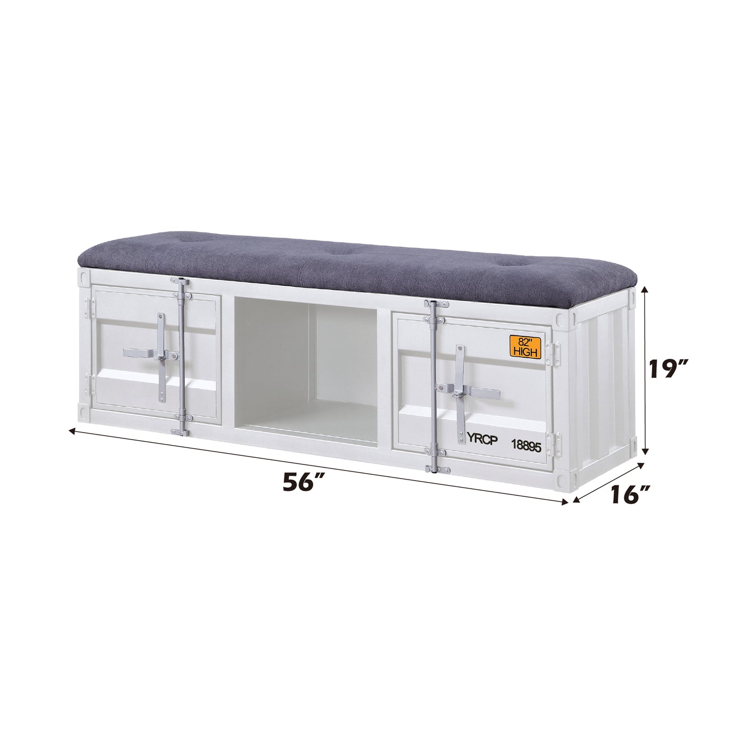 White storage bench with tufted gray upholstered top inspired by shipping containers
